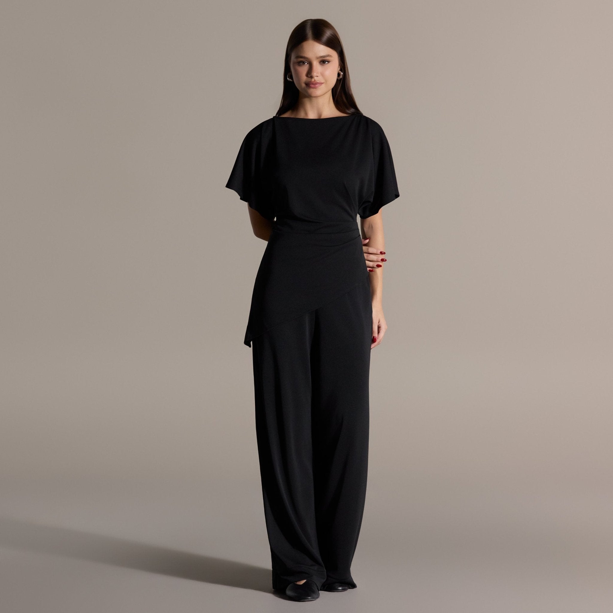 Black Draped Top & Wide Leg Pants Crepe Set - shopaleena