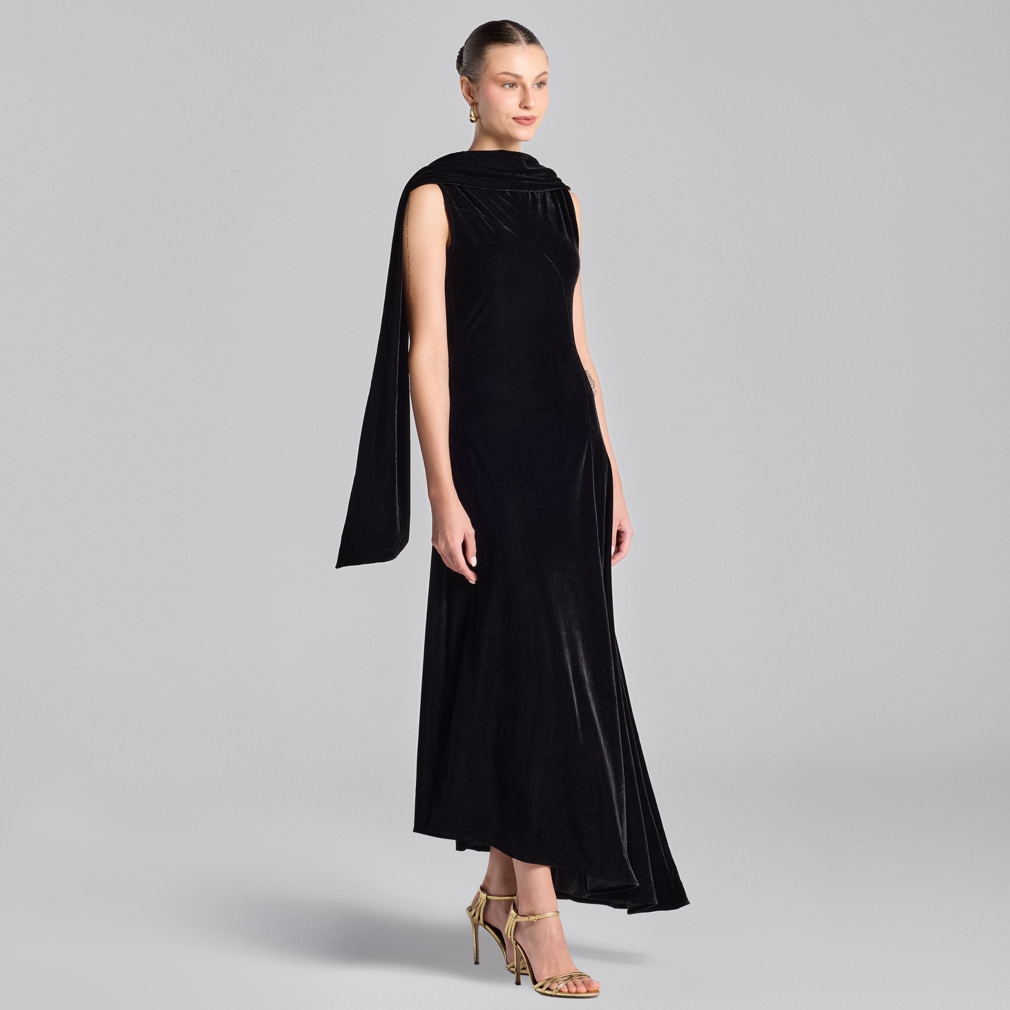 Black Draped Velvet Midi Dress with Back Scarf - shopaleena