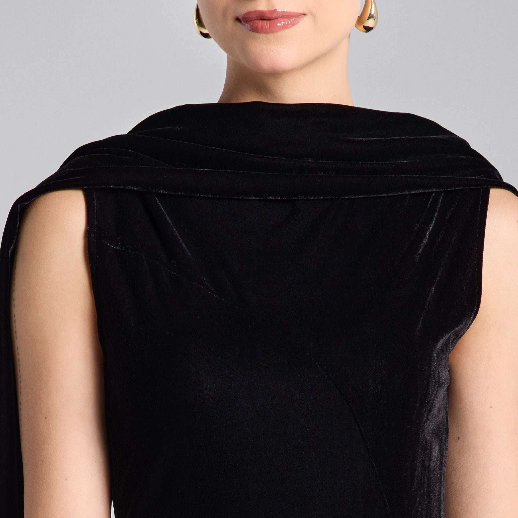 Black Draped Velvet Midi Dress with Back Scarf - shopaleena