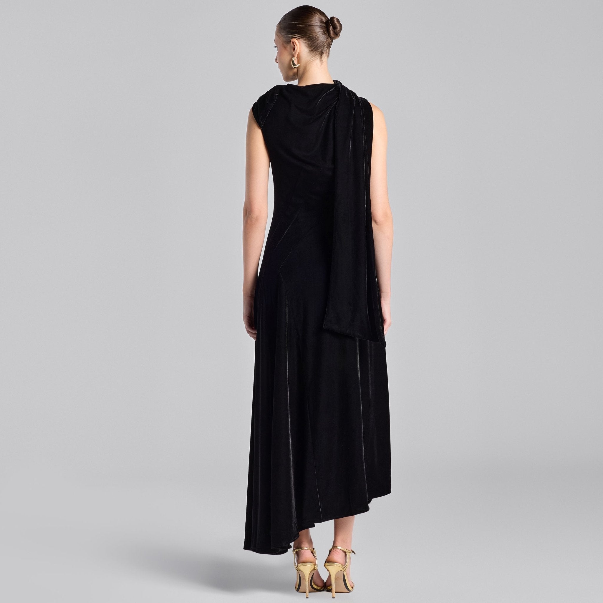 Black Draped Velvet Midi Dress with Back Scarf - shopaleena