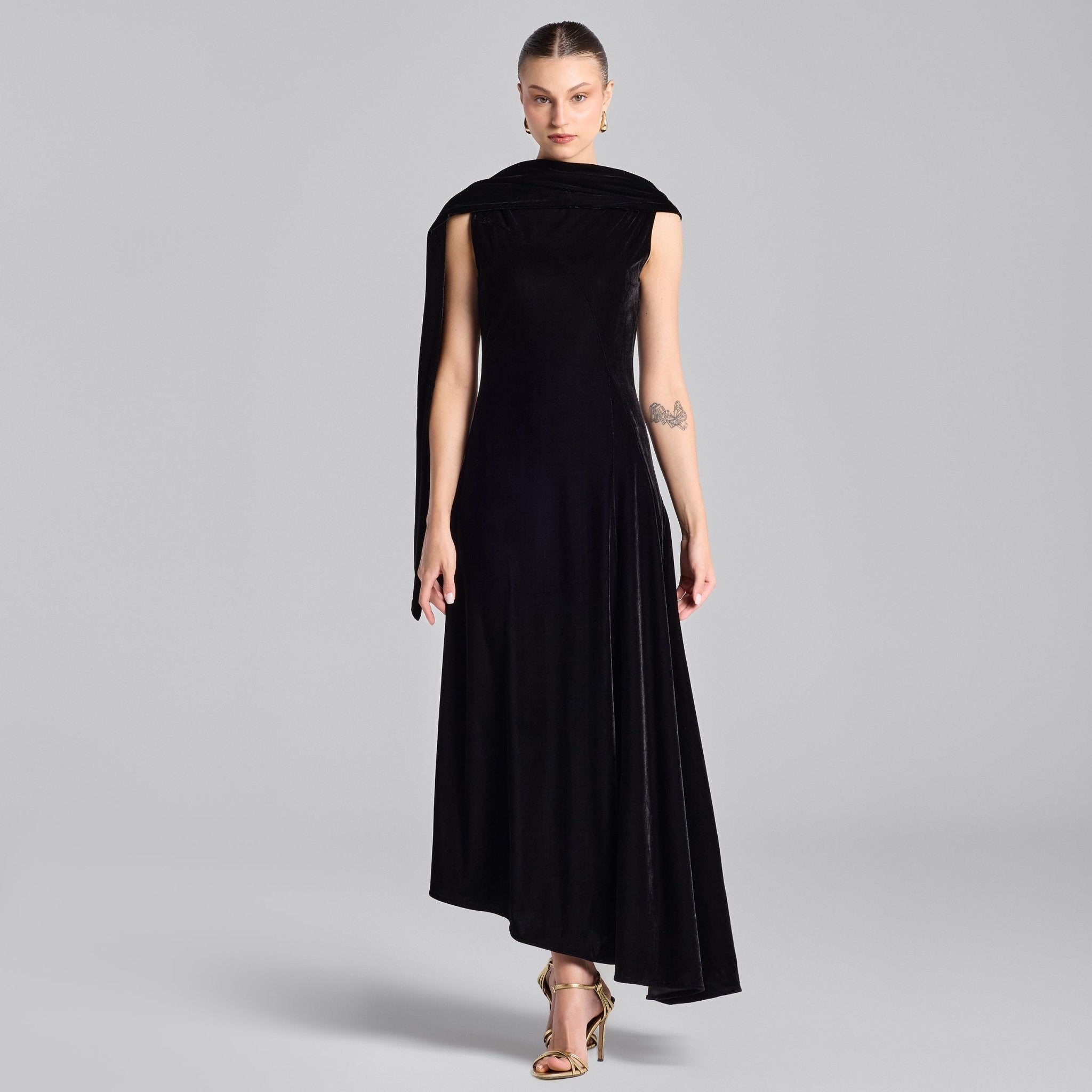Black Draped Velvet Midi Dress with Back Scarf - shopaleena
