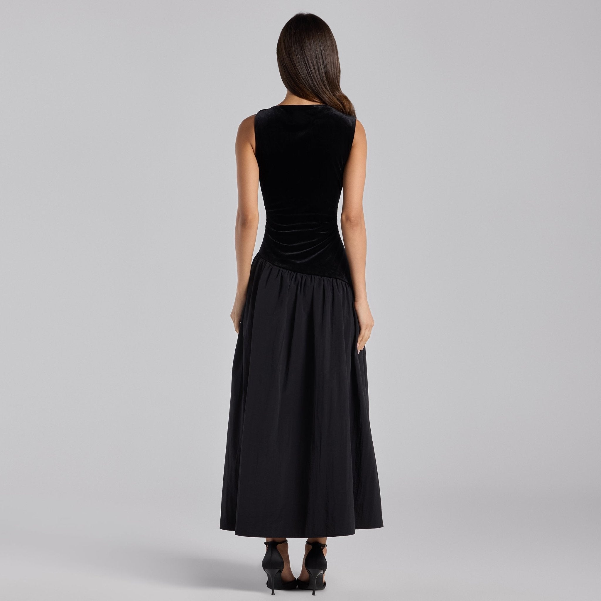 Black Draped Velvet Midi Dress - shopaleena
