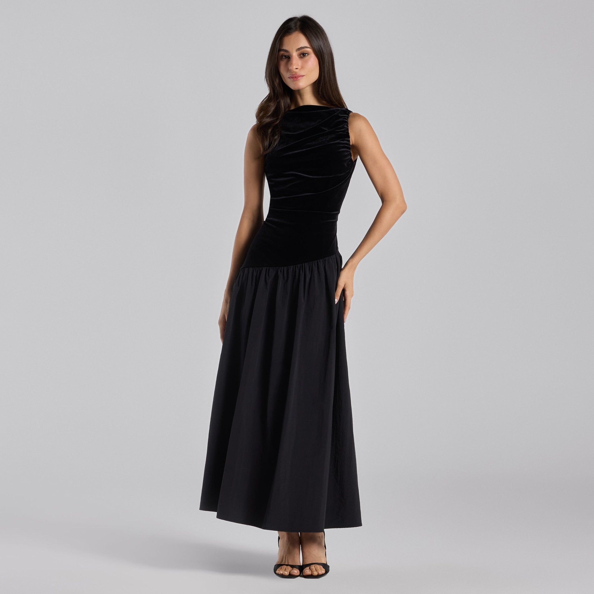 Black Draped Velvet Midi Dress - shopaleena