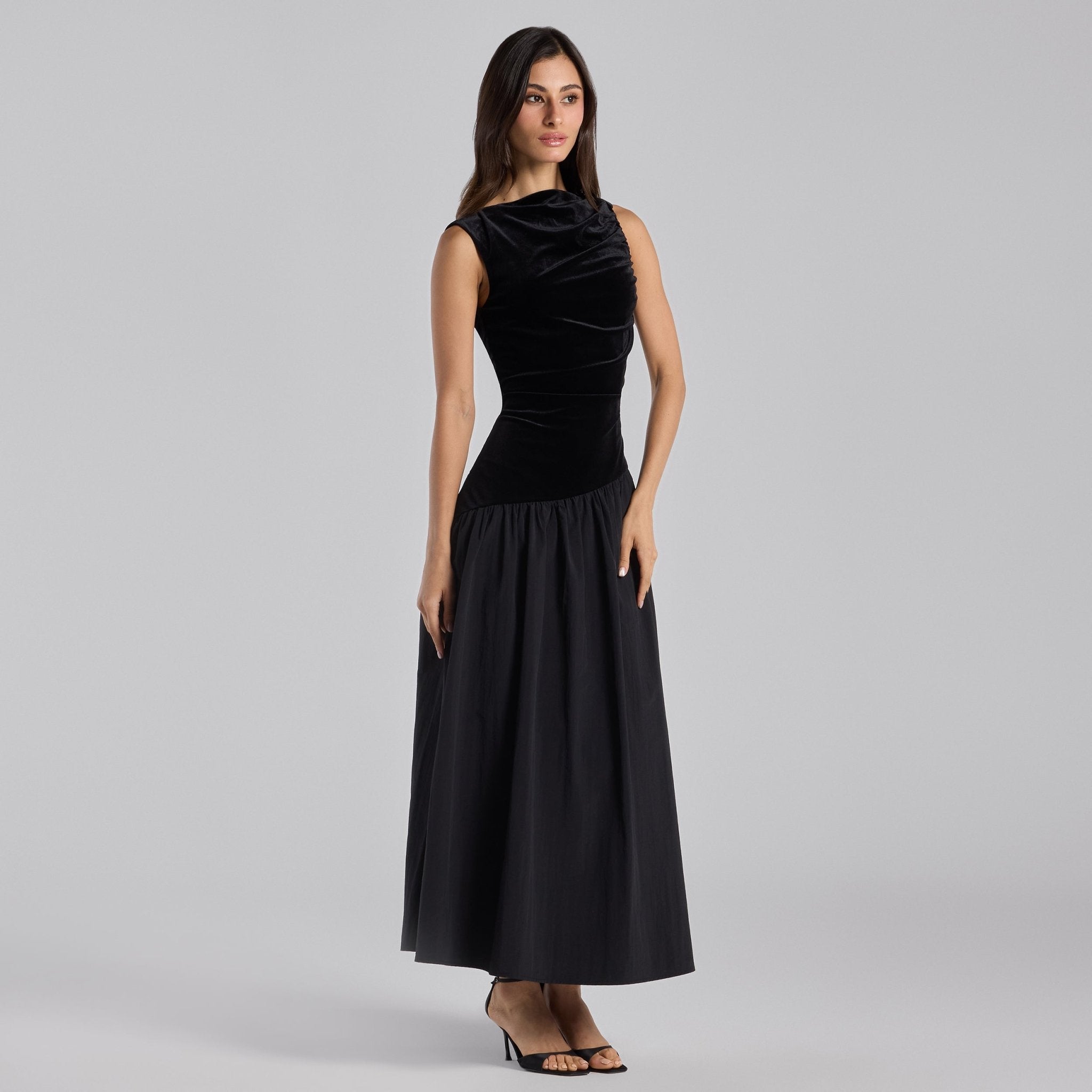 Black Draped Velvet Midi Dress - shopaleena