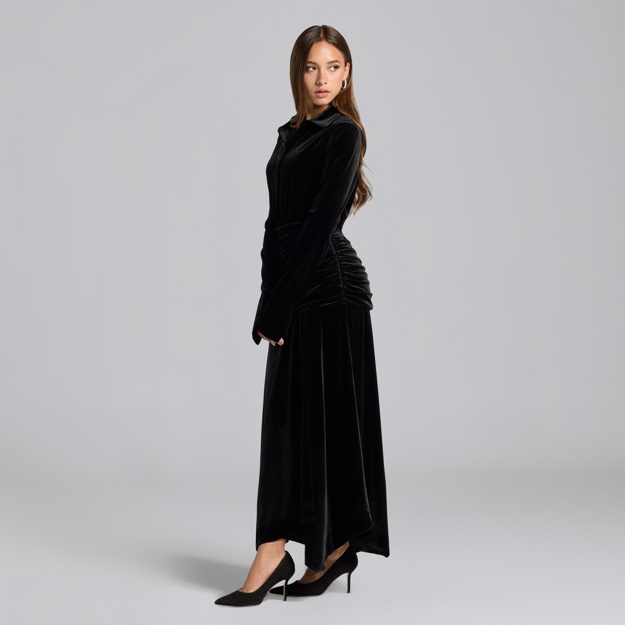 Black Draped Waist Maxi Velvet Dress - shopaleena