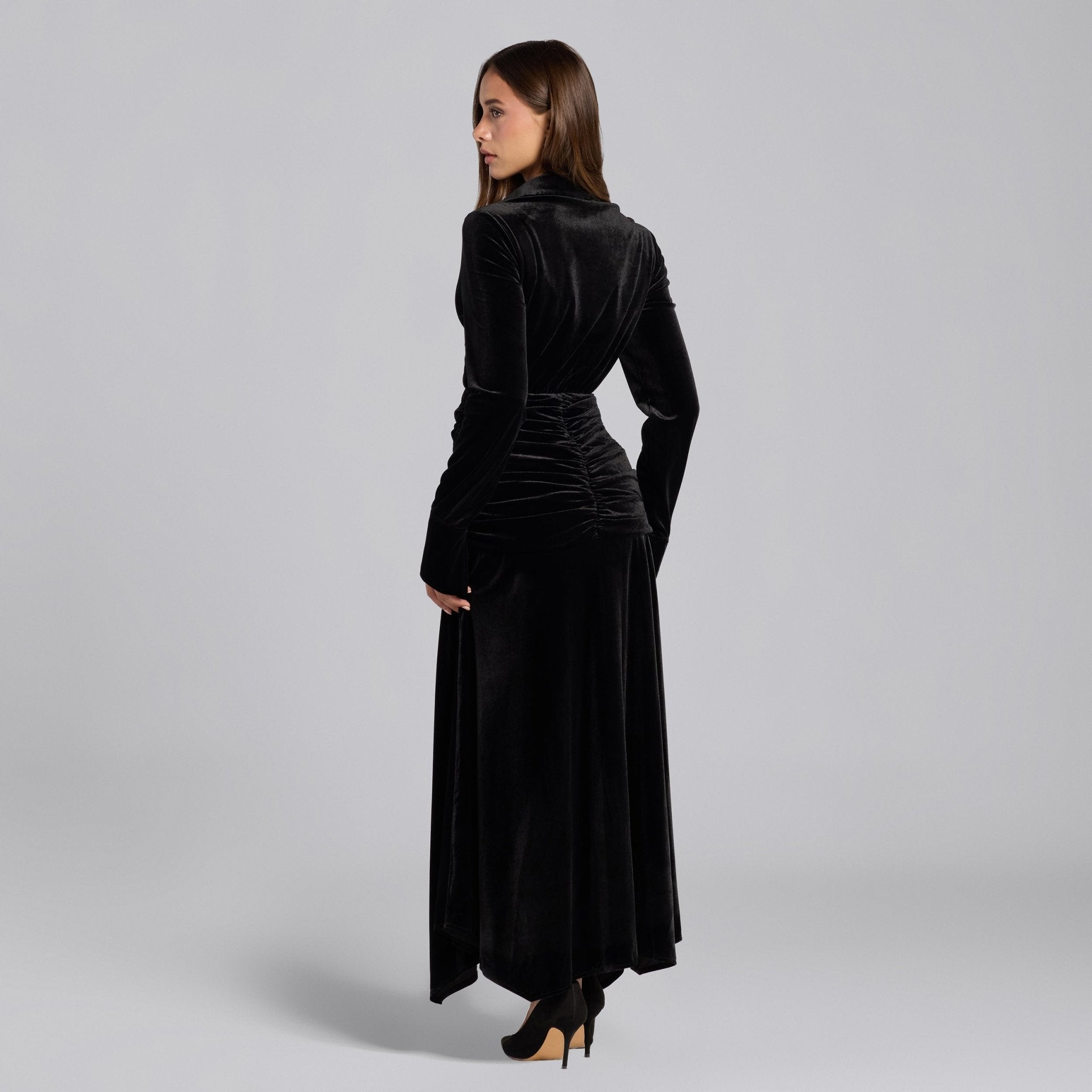 Black Draped Waist Maxi Velvet Dress - shopaleena