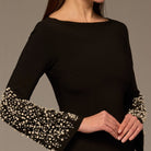 Black Embellished Boat - Neck Crepe Dress - shopaleena