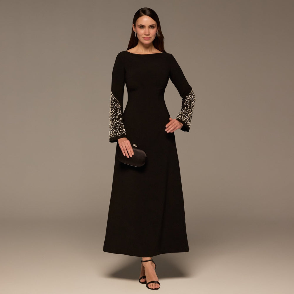 Black Embellished Boat - Neck Crepe Dress - shopaleena