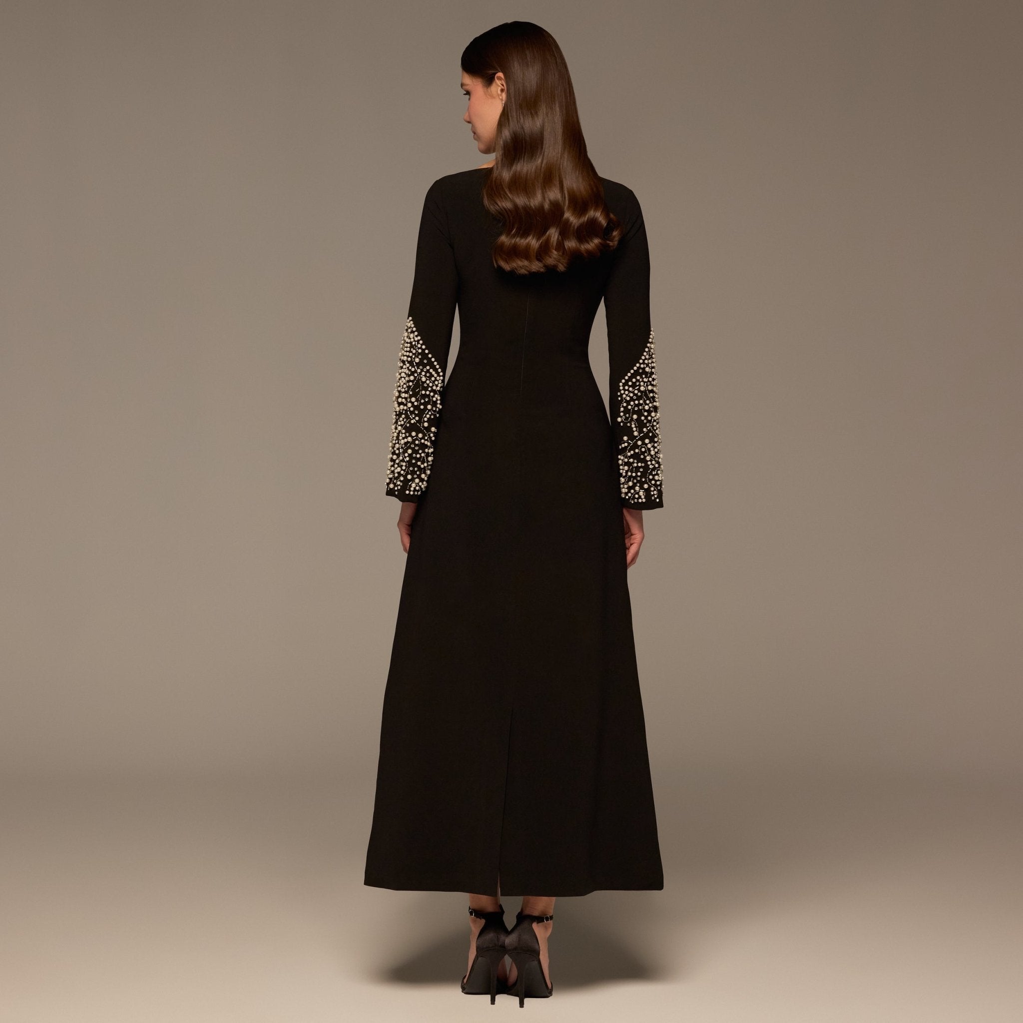 Black Embellished Boat - Neck Crepe Dress - shopaleena