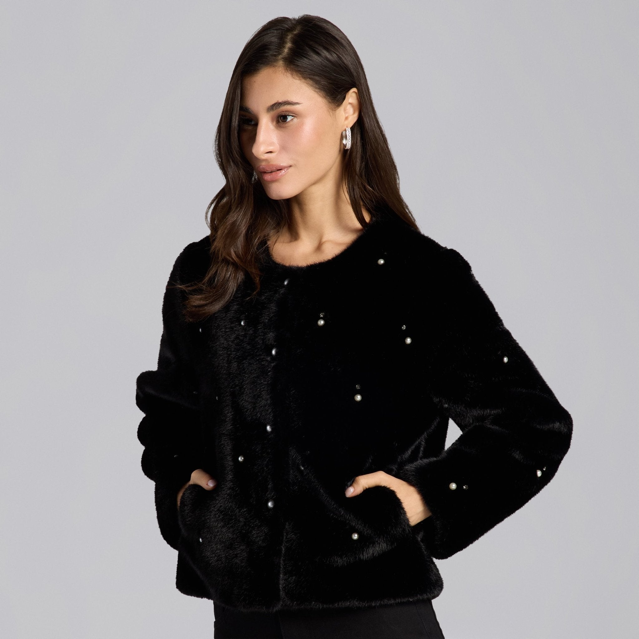 Black Faux Mink Fur Pearl - Embellished Jacket - shopaleena