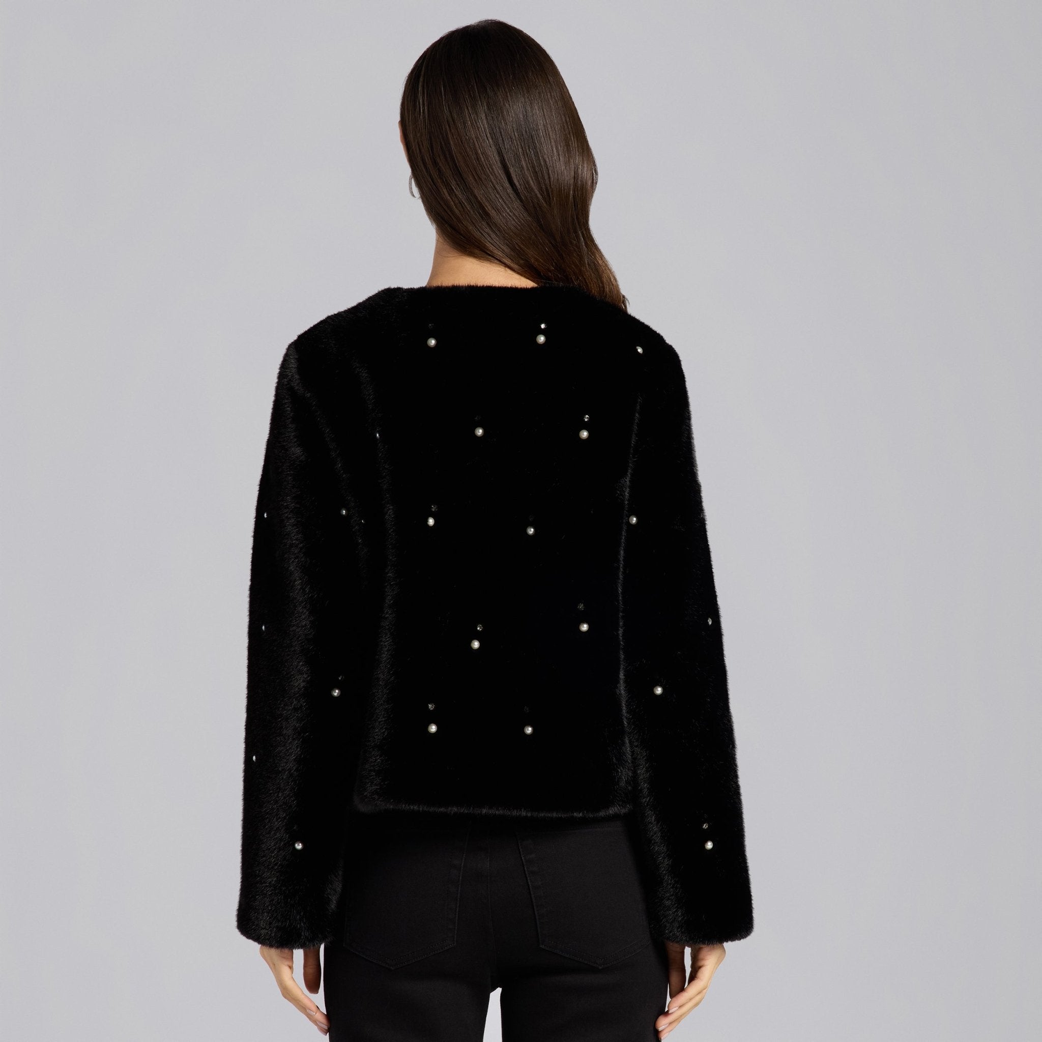 Black Faux Mink Fur Pearl - Embellished Jacket - shopaleena