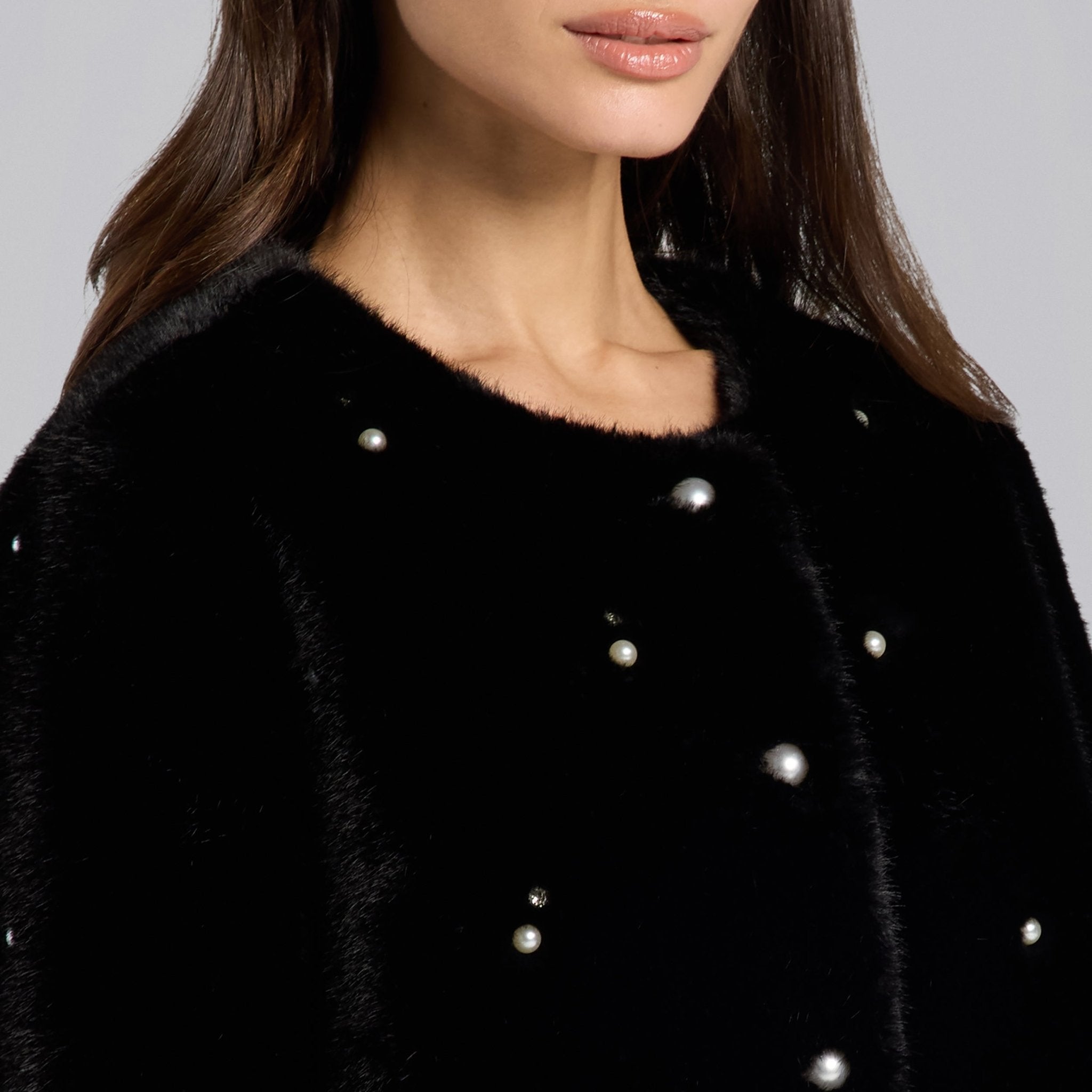Black Faux Mink Fur Pearl - Embellished Jacket - shopaleena