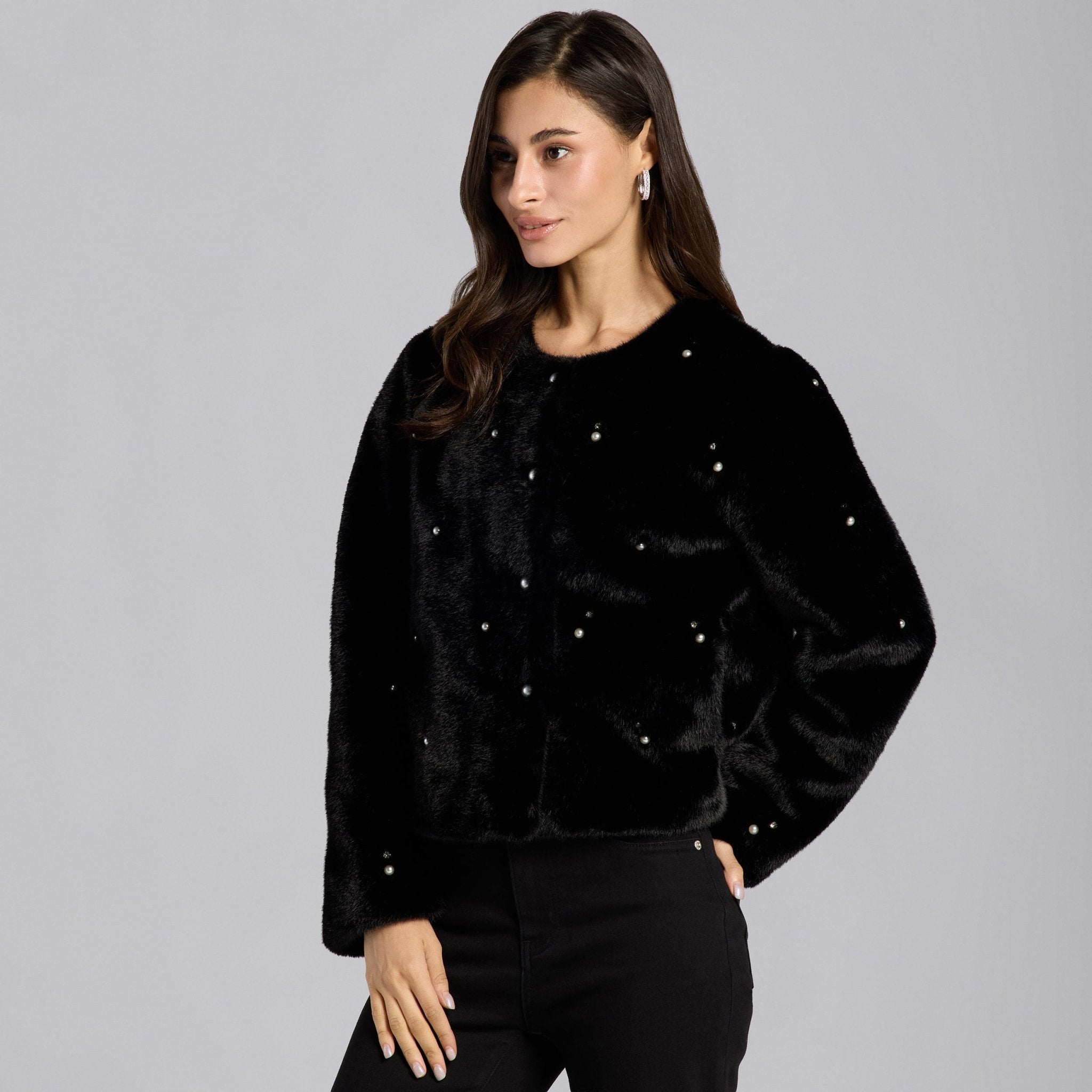 Black Faux Mink Fur Pearl - Embellished Jacket - shopaleena