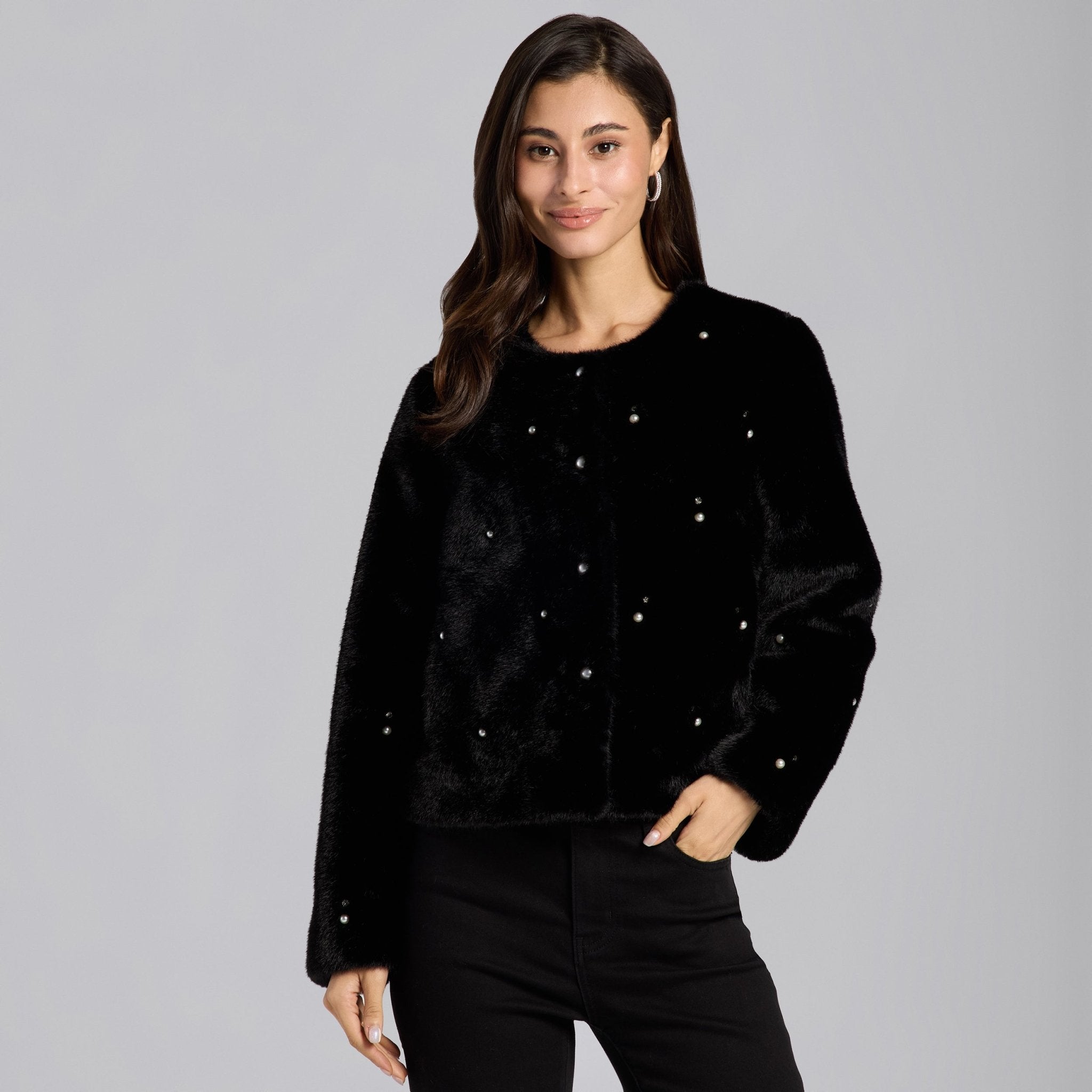 Black Faux Mink Fur Pearl - Embellished Jacket - shopaleena