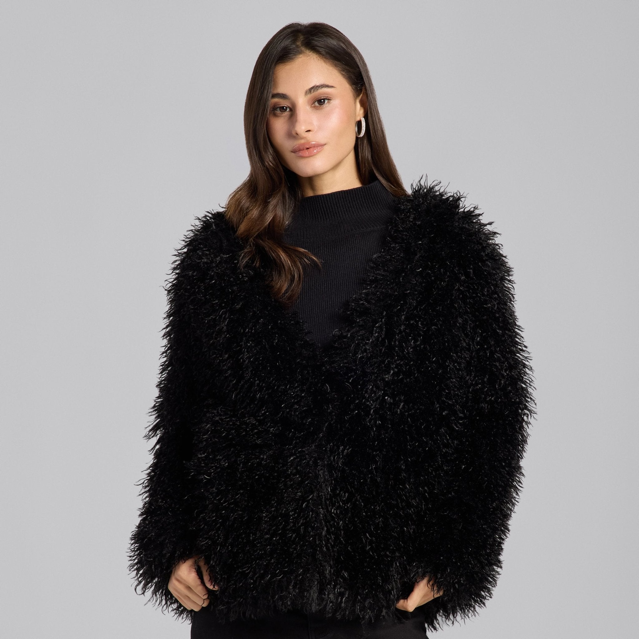 Black Faux Tibet Lamb Fur Jacket - shopaleena