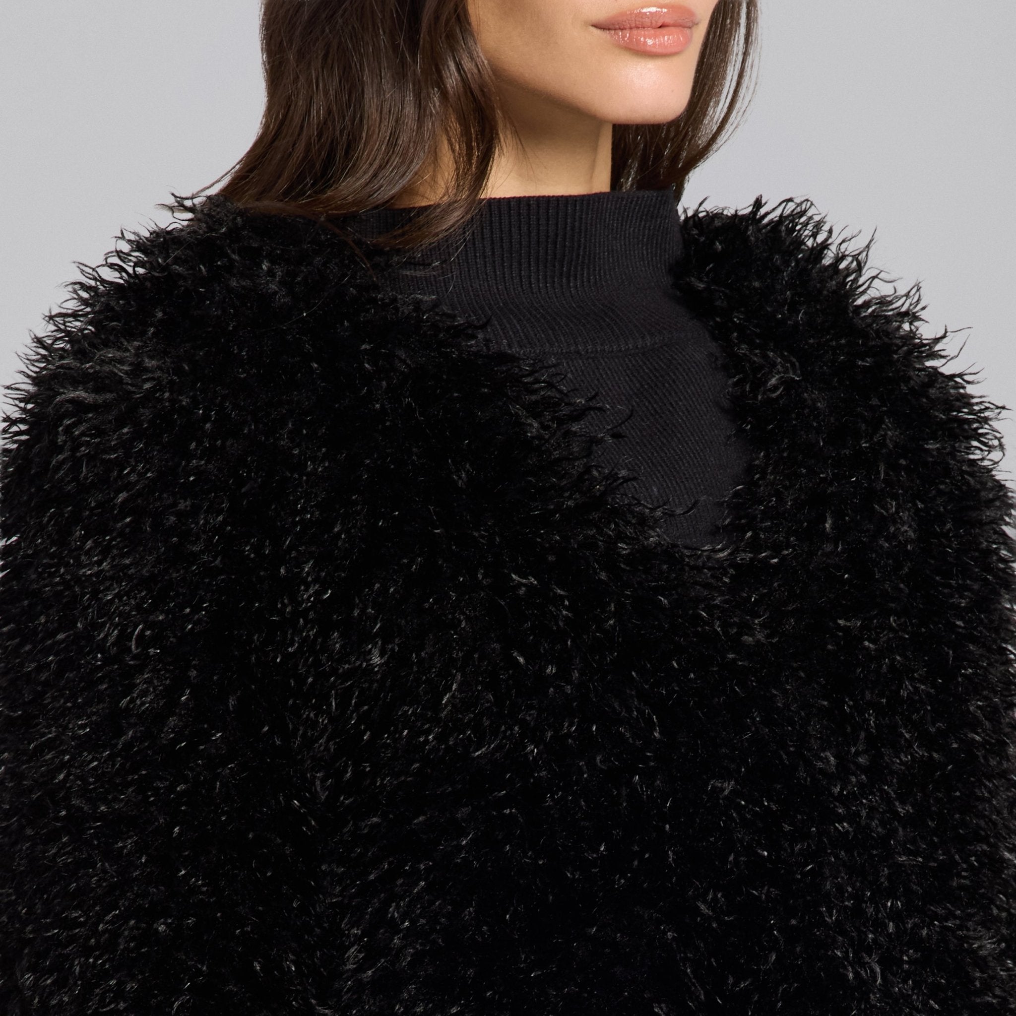 Black Faux Tibet Lamb Fur Jacket - shopaleena