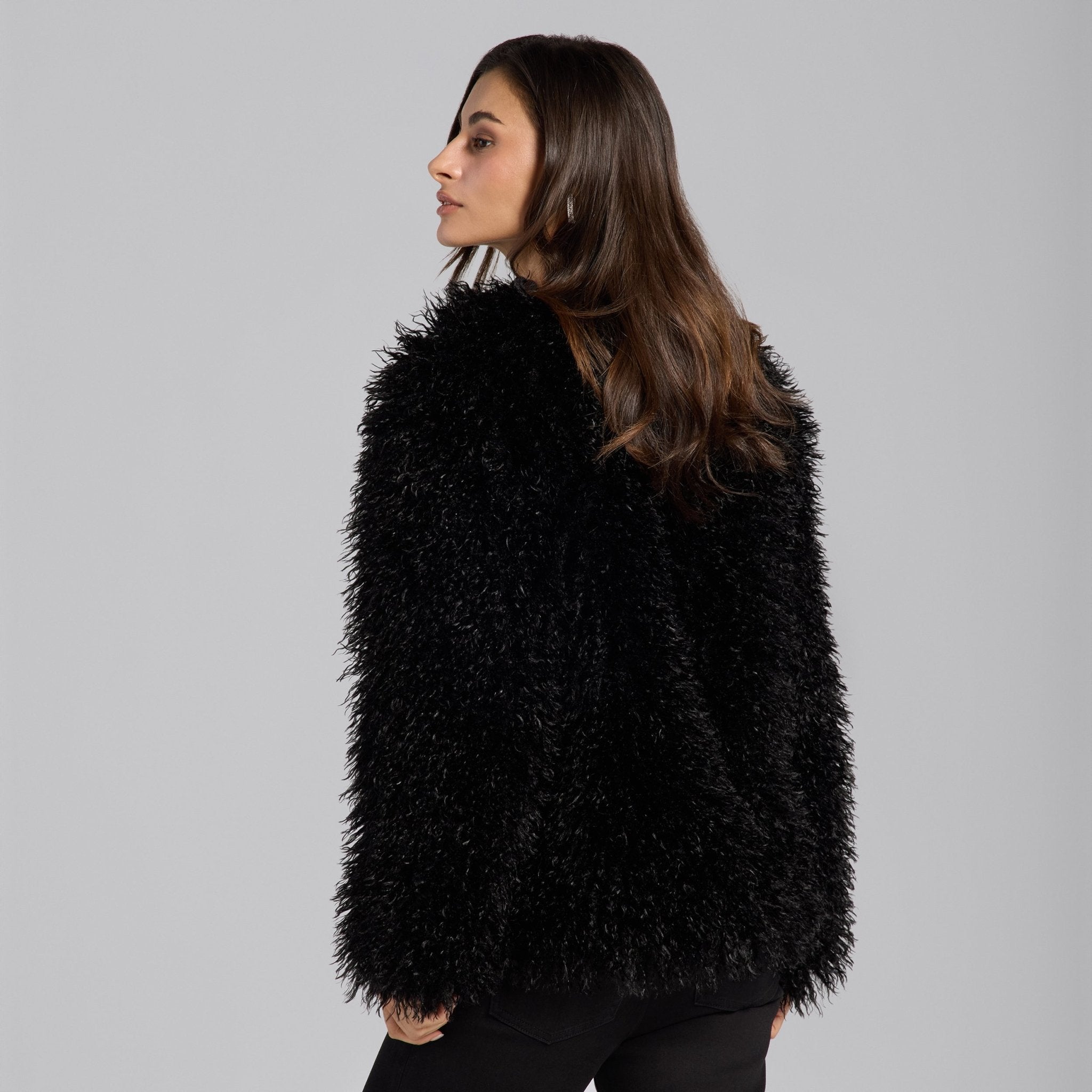 Black Faux Tibet Lamb Fur Jacket - shopaleena