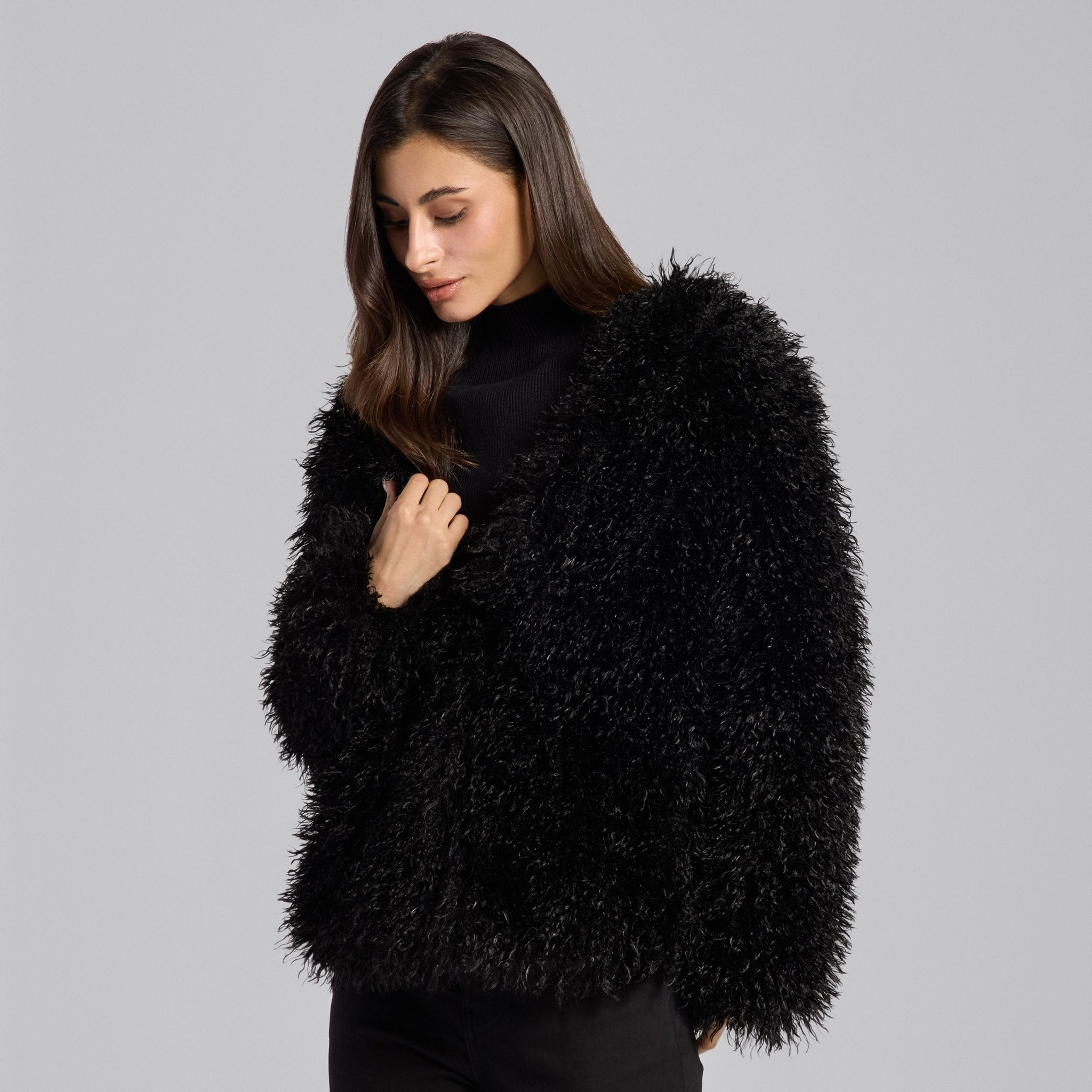 Black Faux Tibet Lamb Fur Jacket - shopaleena