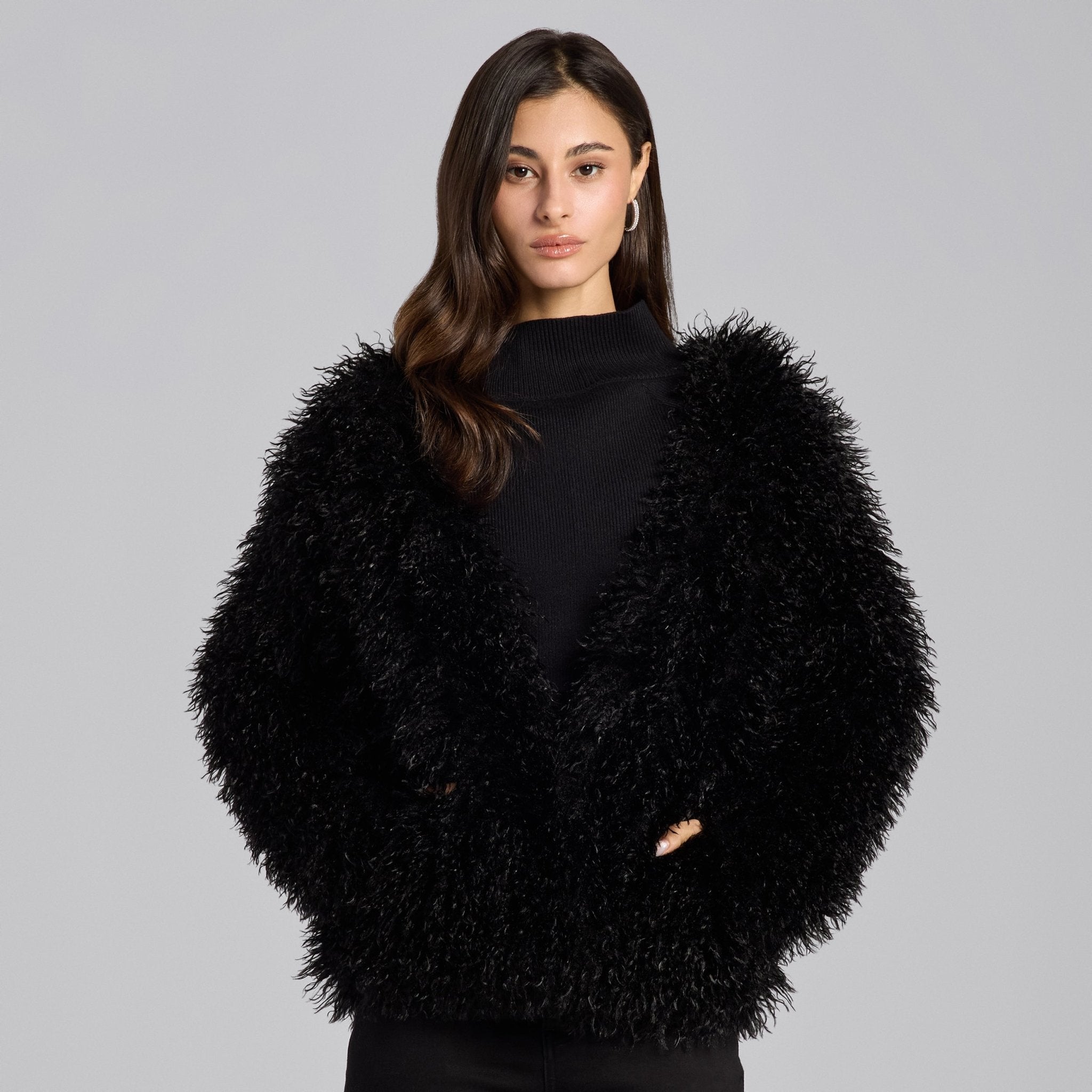 Black Faux Tibet Lamb Fur Jacket - shopaleena