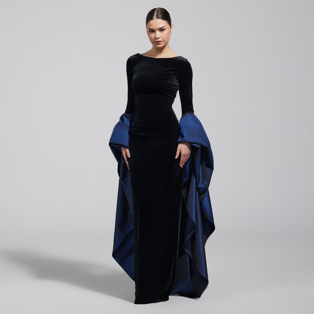 Black Fitted Gown With Extra Long Sleeves - shopaleena