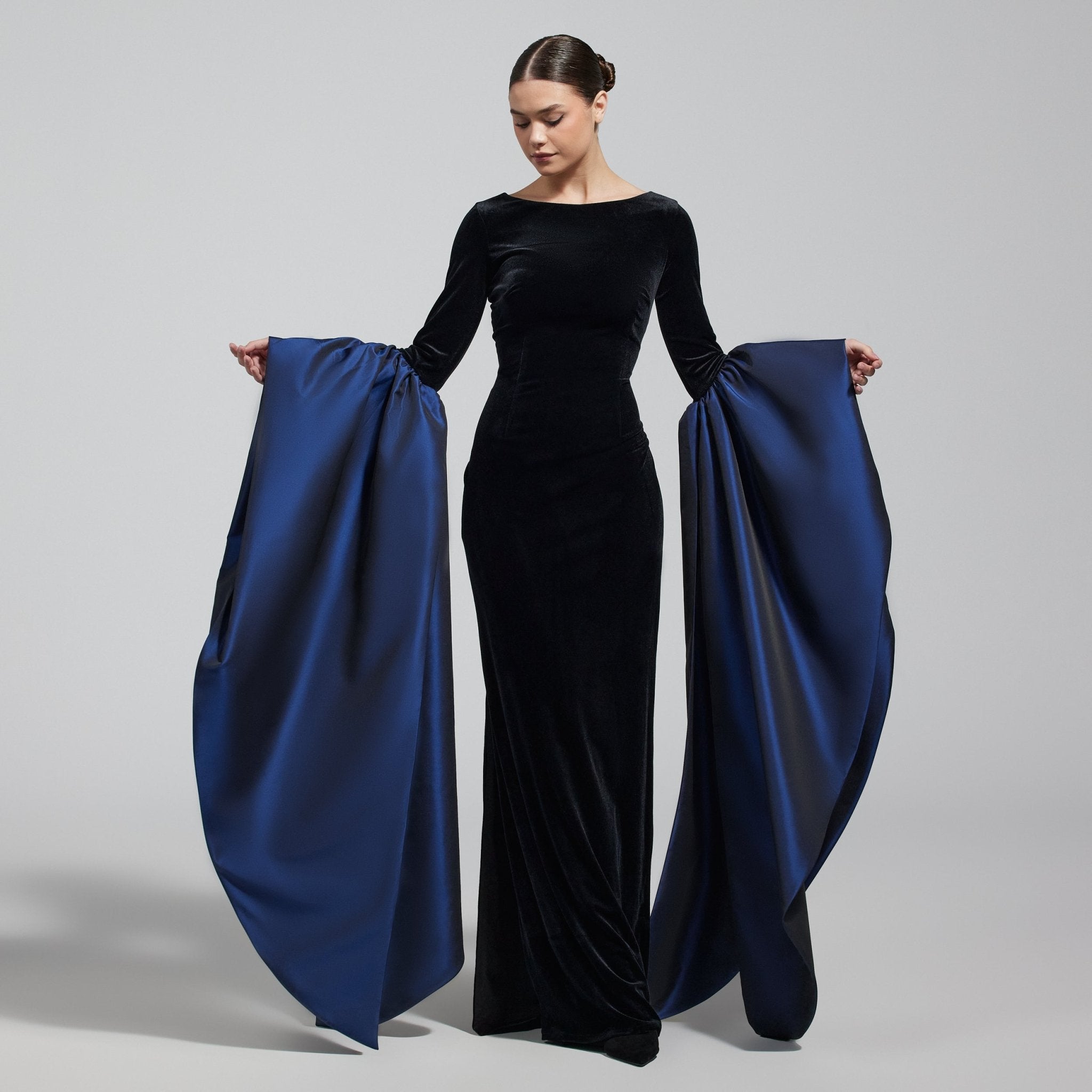 Black Fitted Gown With Extra Long Sleeves - shopaleena