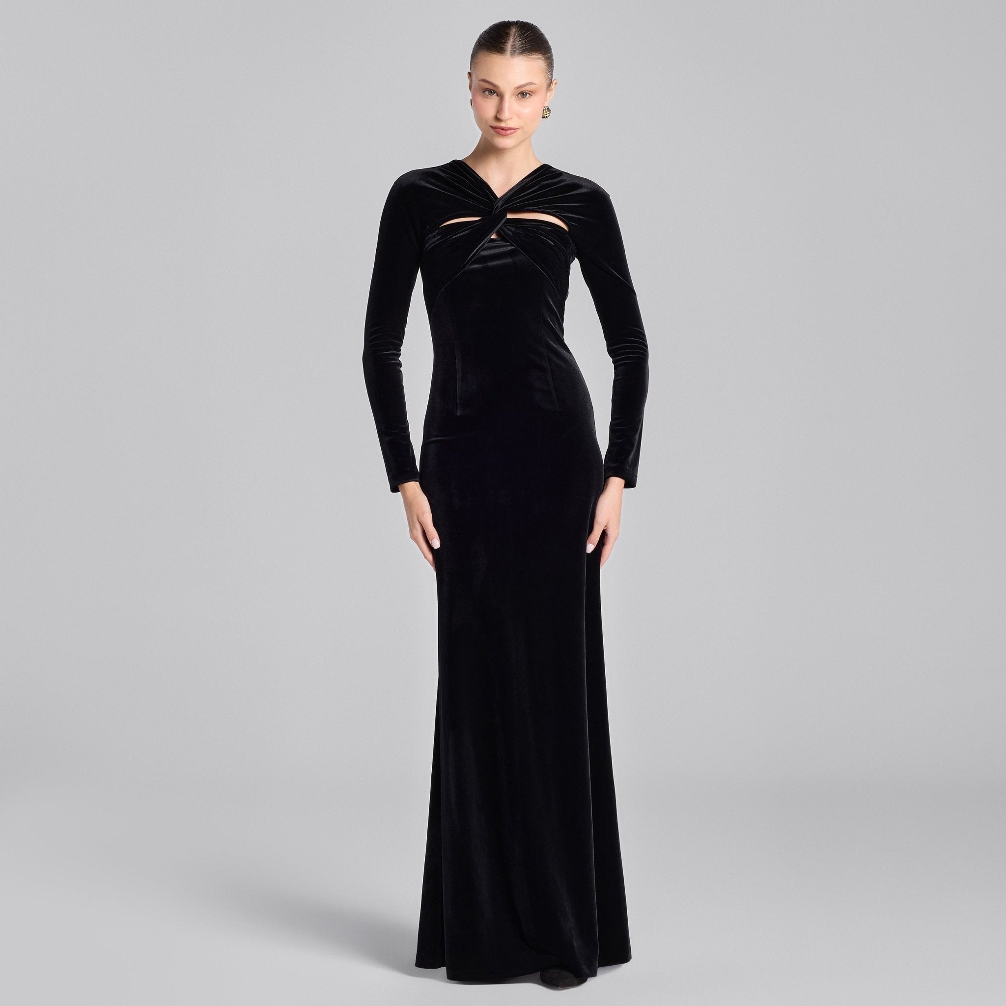 Black Gathered Chest Velvet Maxi Dress with Silver Accessory - shopaleena
