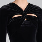 Black Gathered Chest Velvet Maxi Dress with Silver Accessory - shopaleena