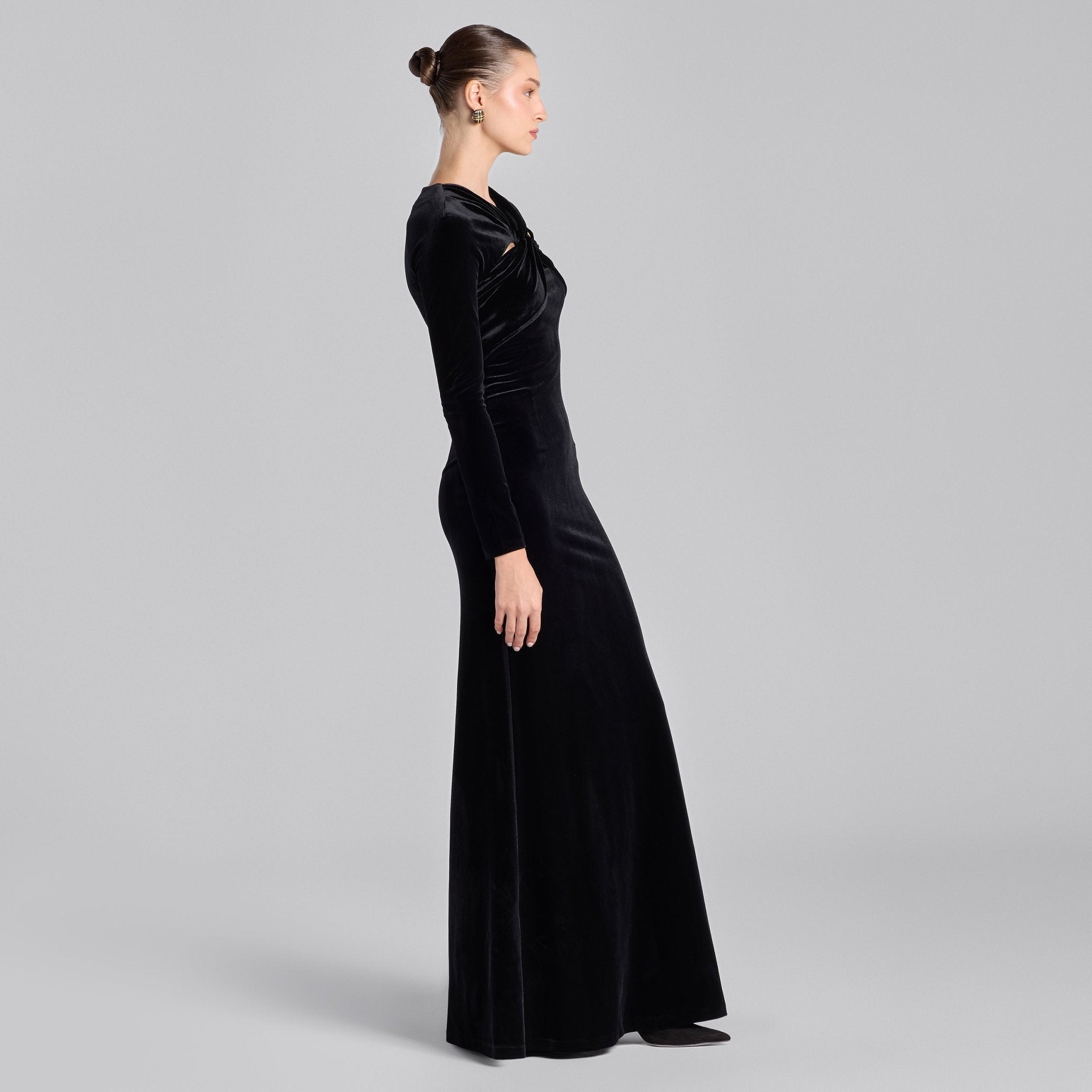 Black Gathered Chest Velvet Maxi Dress with Silver Accessory - shopaleena