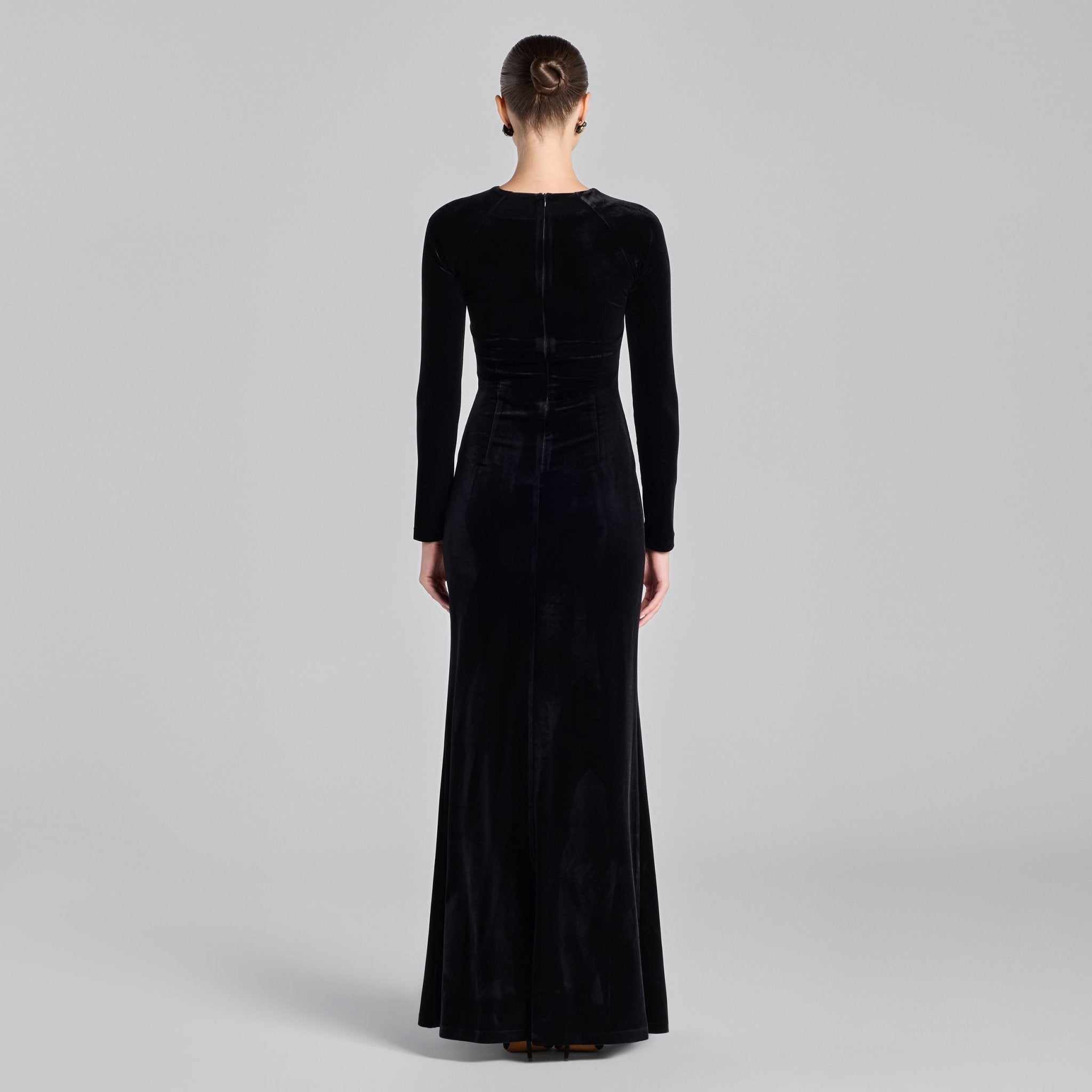 Black Gathered Chest Velvet Maxi Dress with Silver Accessory - shopaleena