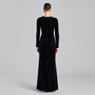 Black Gathered Chest Velvet Maxi Dress with Silver Accessory - shopaleena