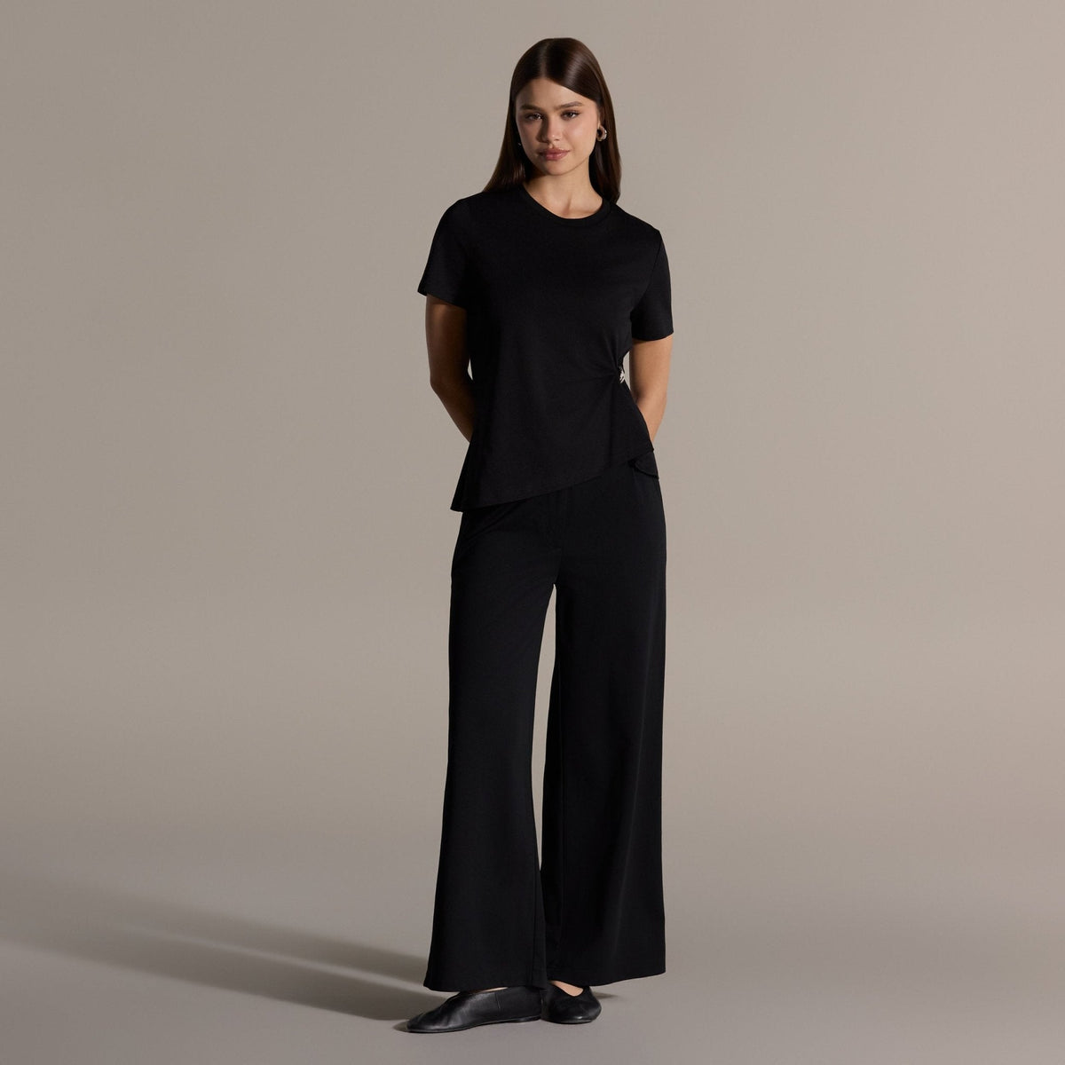 Black Gathered Side Cotton T-shirt - shopaleena