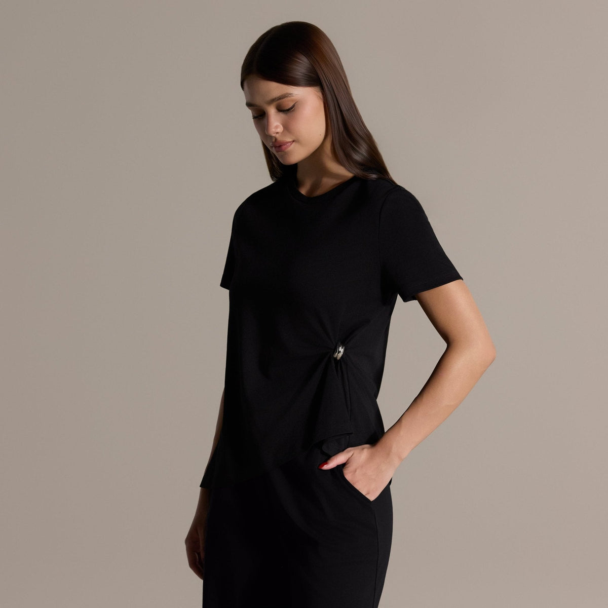 Black Gathered Side Cotton T-shirt - shopaleena