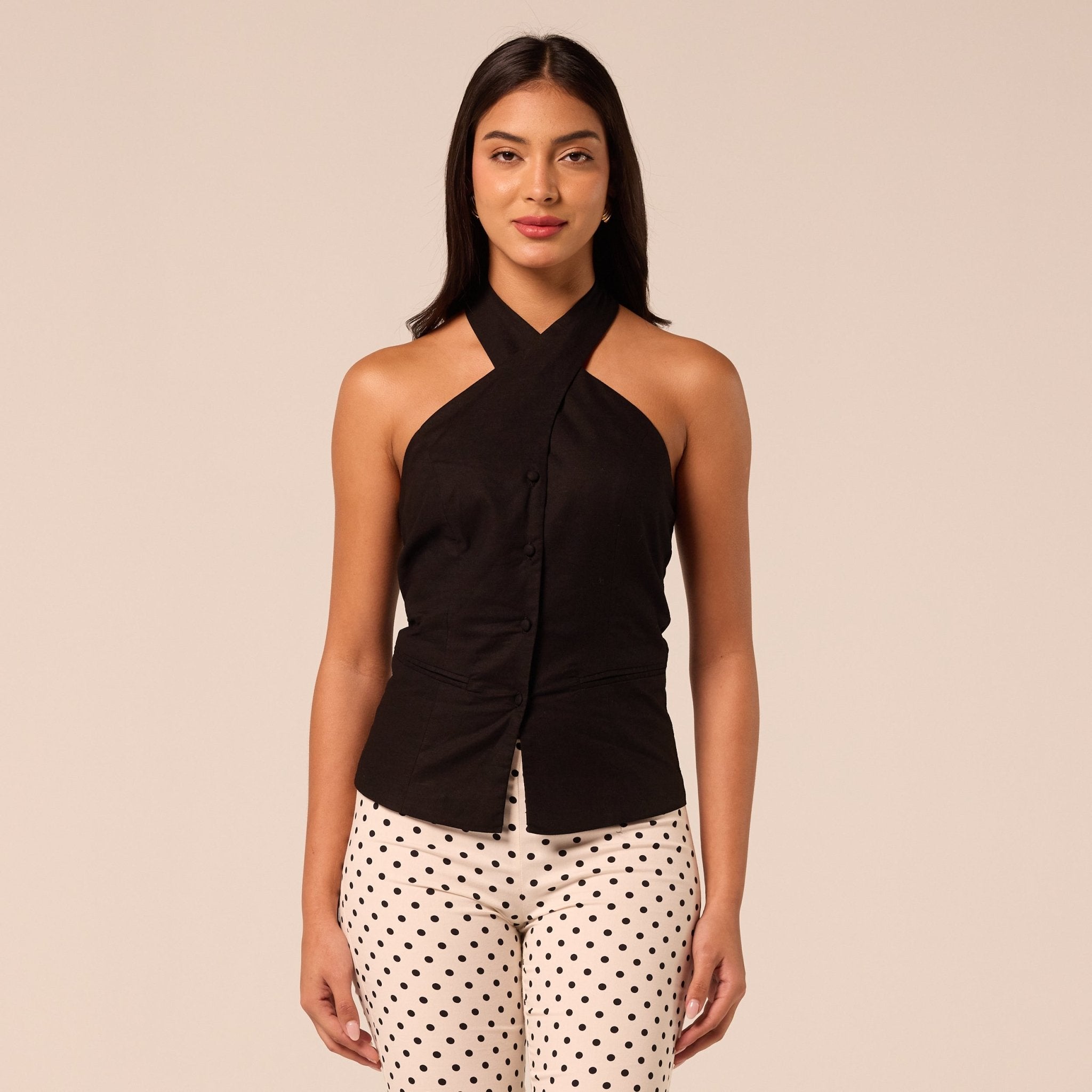 Black Halter Neck Button Top - shopaleena