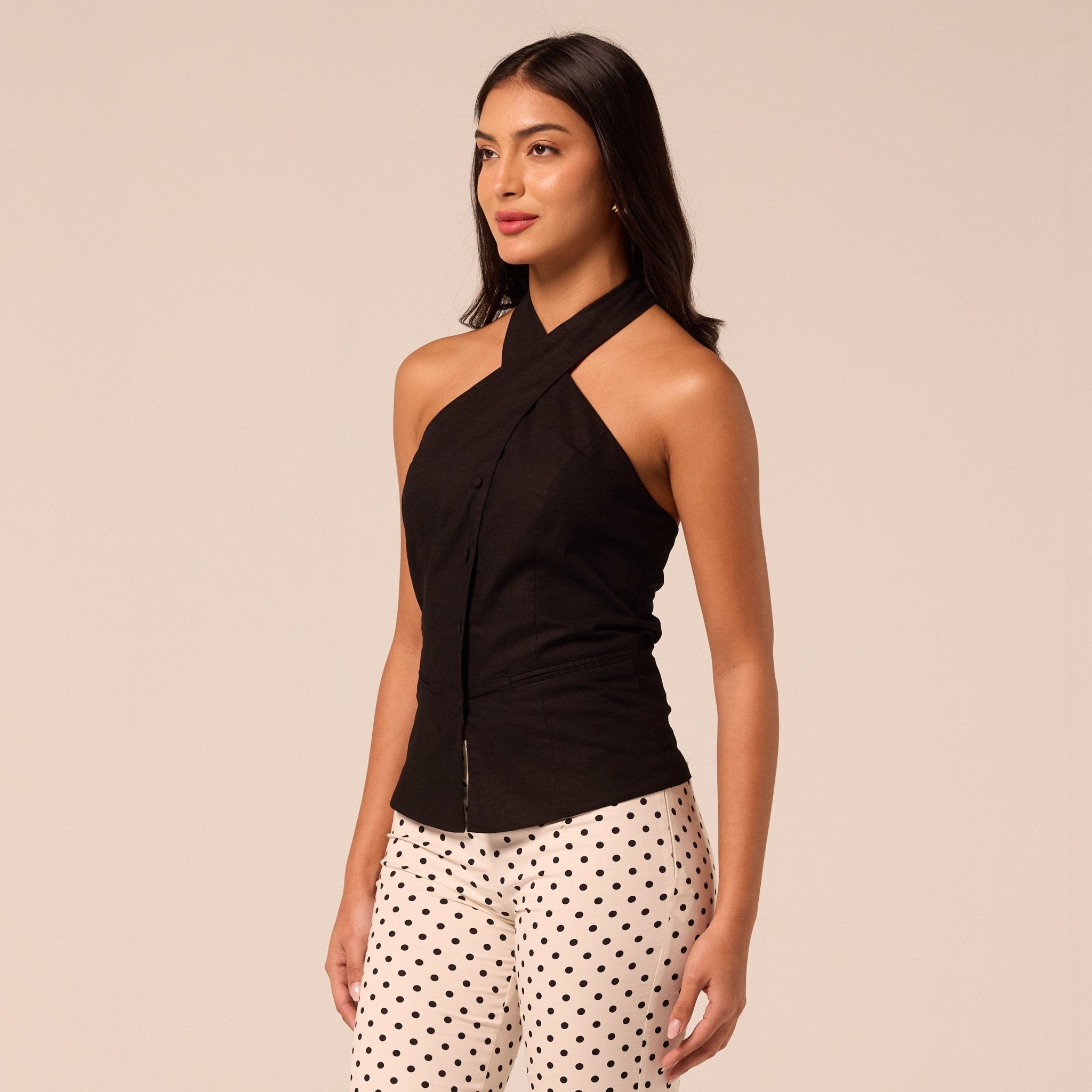 Black Halter Neck Button Top - shopaleena
