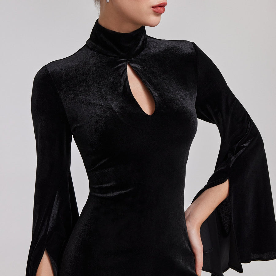 Black High Neck Flared Sleeve Velvet Dress - shopaleena