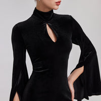 Black High Neck Flared Sleeve Velvet Dress - shopaleena