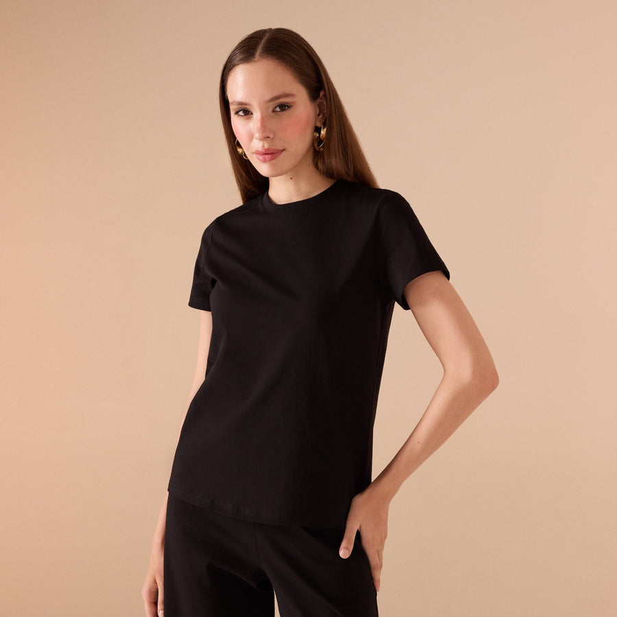 Black High Waist Cotton Pant & Short Sleeve Top Set (2 pieces) - shopaleena