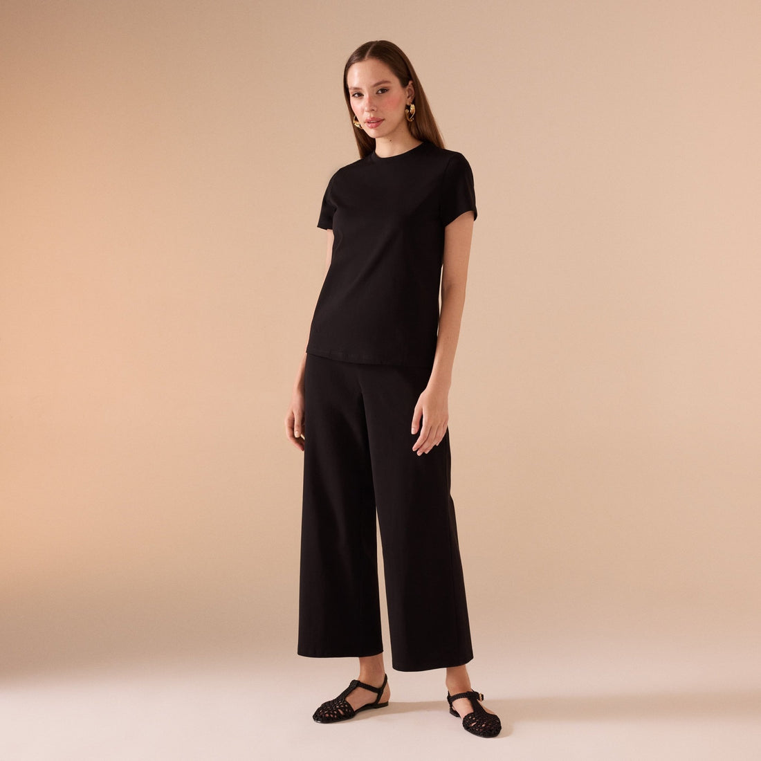 Black High Waist Cotton Pant & Short Sleeve Top Set (2 pieces) - shopaleena