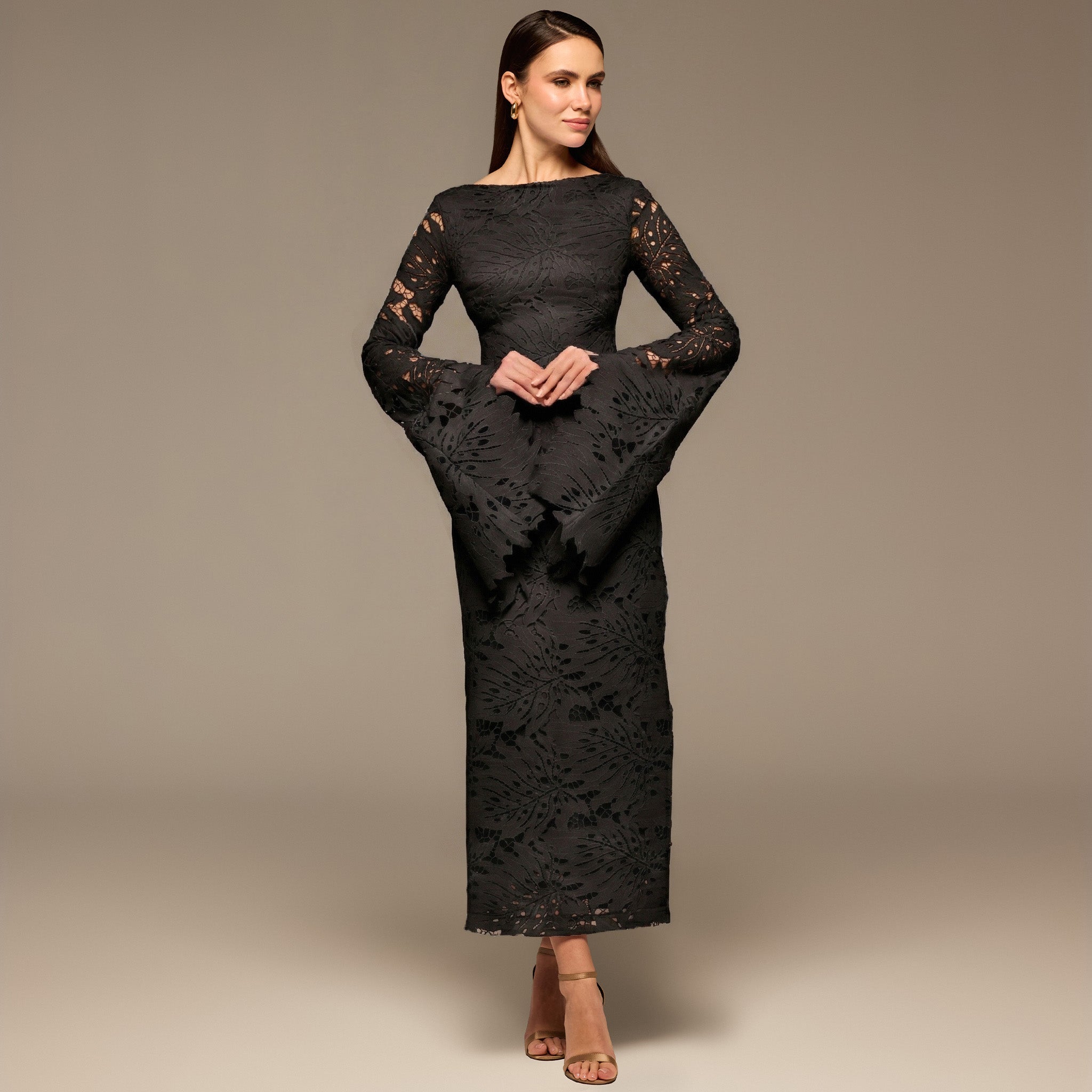 Black Lace Long Sleeve Maxi Dress - shopaleena
