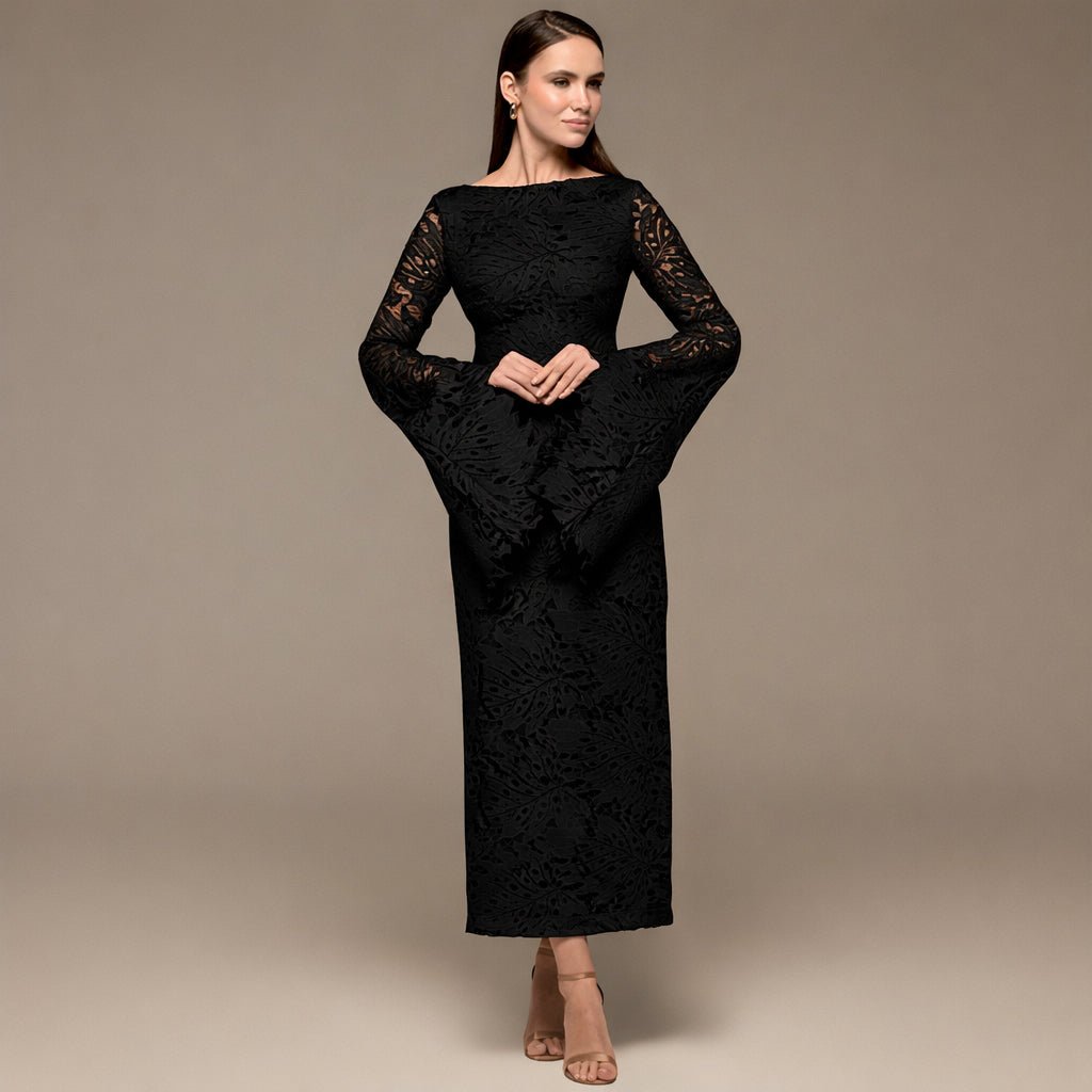 Black Lace Long Sleeve Maxi Dress - shopaleena