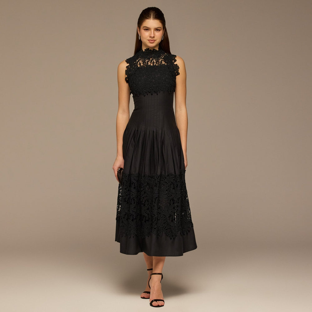 Black Lace - Paneled Cotton Midi Dress - shopaleena