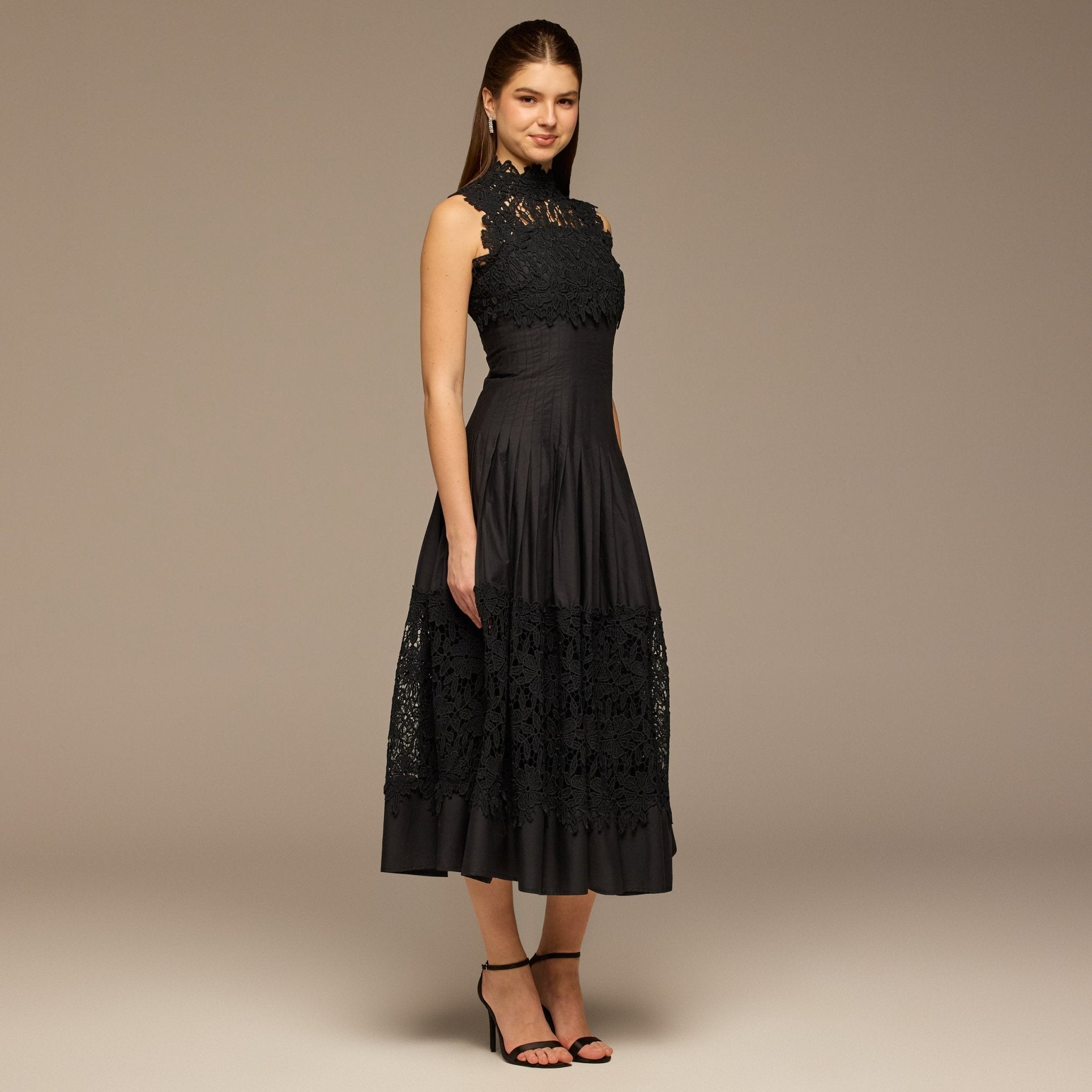 Black Lace - Paneled Cotton Midi Dress - shopaleena