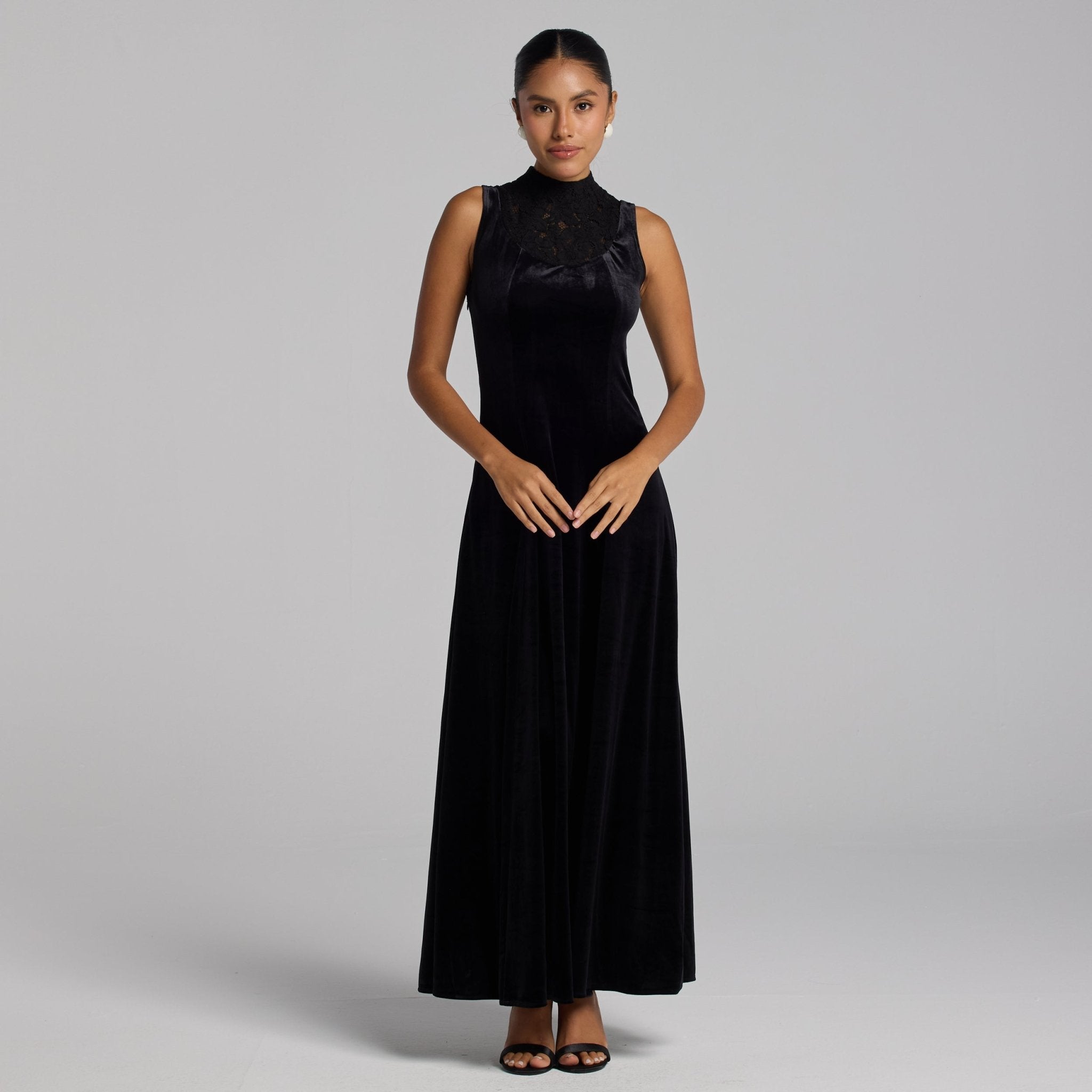 Black Lace Turtleneck Velvet Maxi Dress - shopaleena