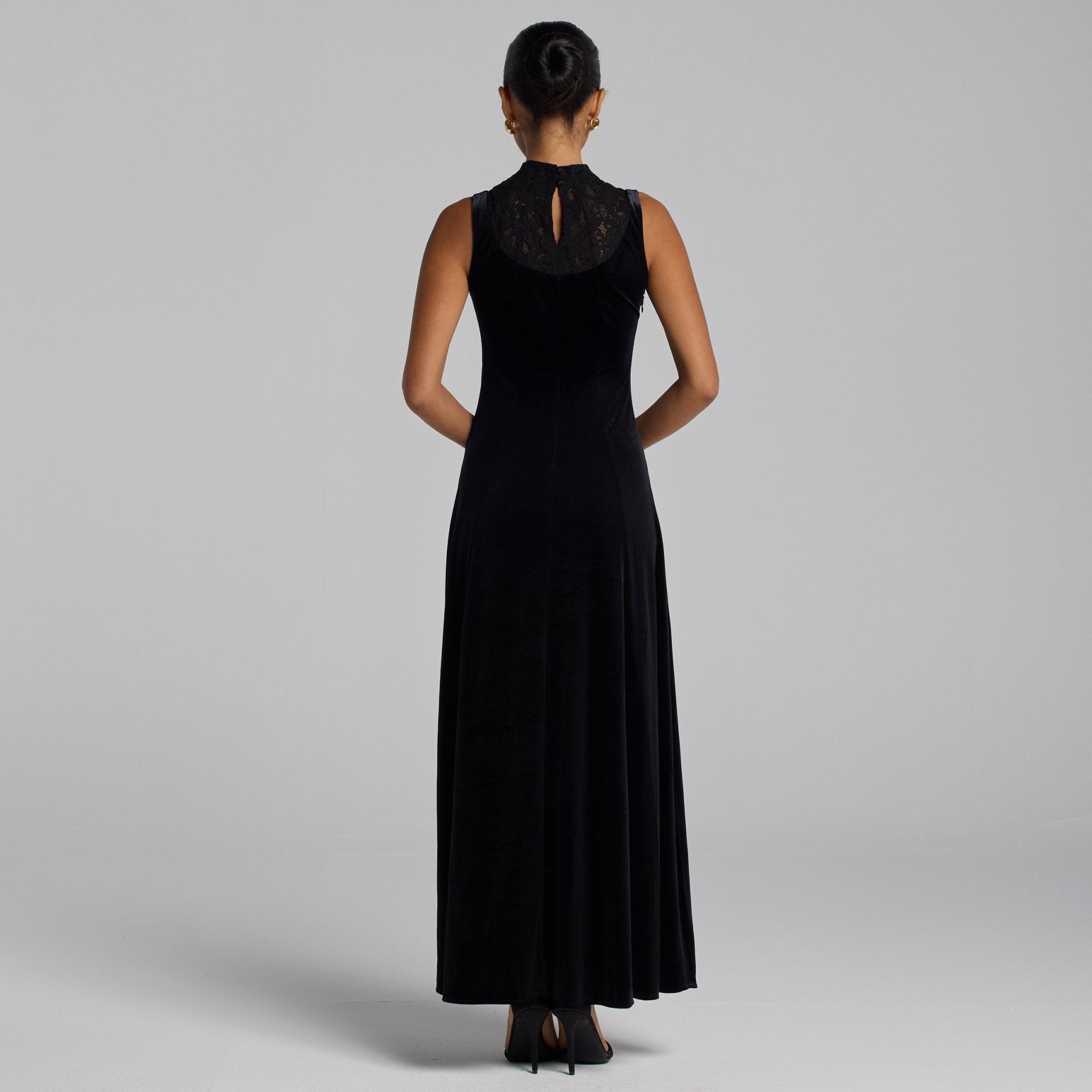 Black Lace Turtleneck Velvet Maxi Dress - shopaleena
