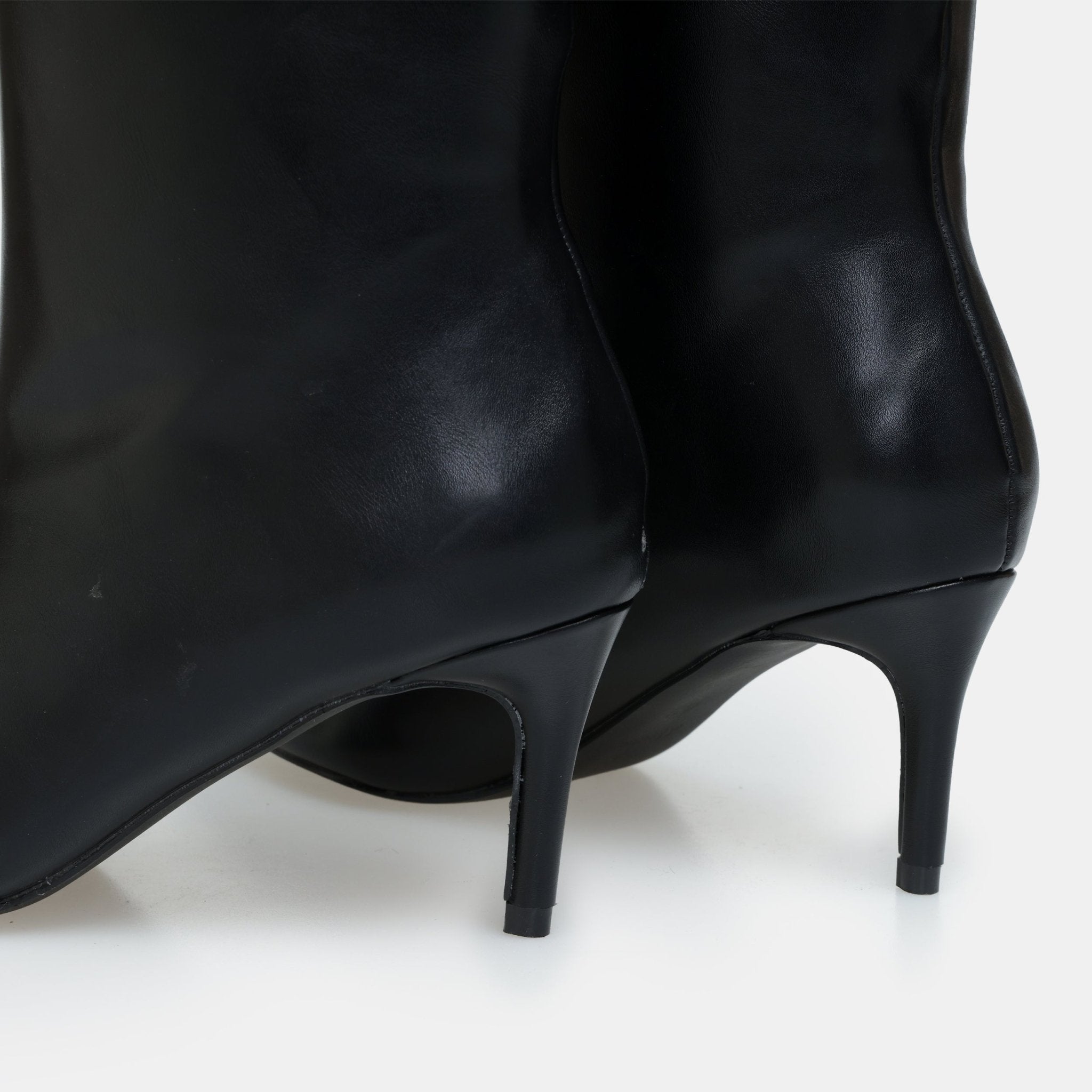Black Leather Mid - Calf High Heel Boots - shopaleena