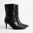 Black Leather Mid - Calf High Heel Boots - shopaleena