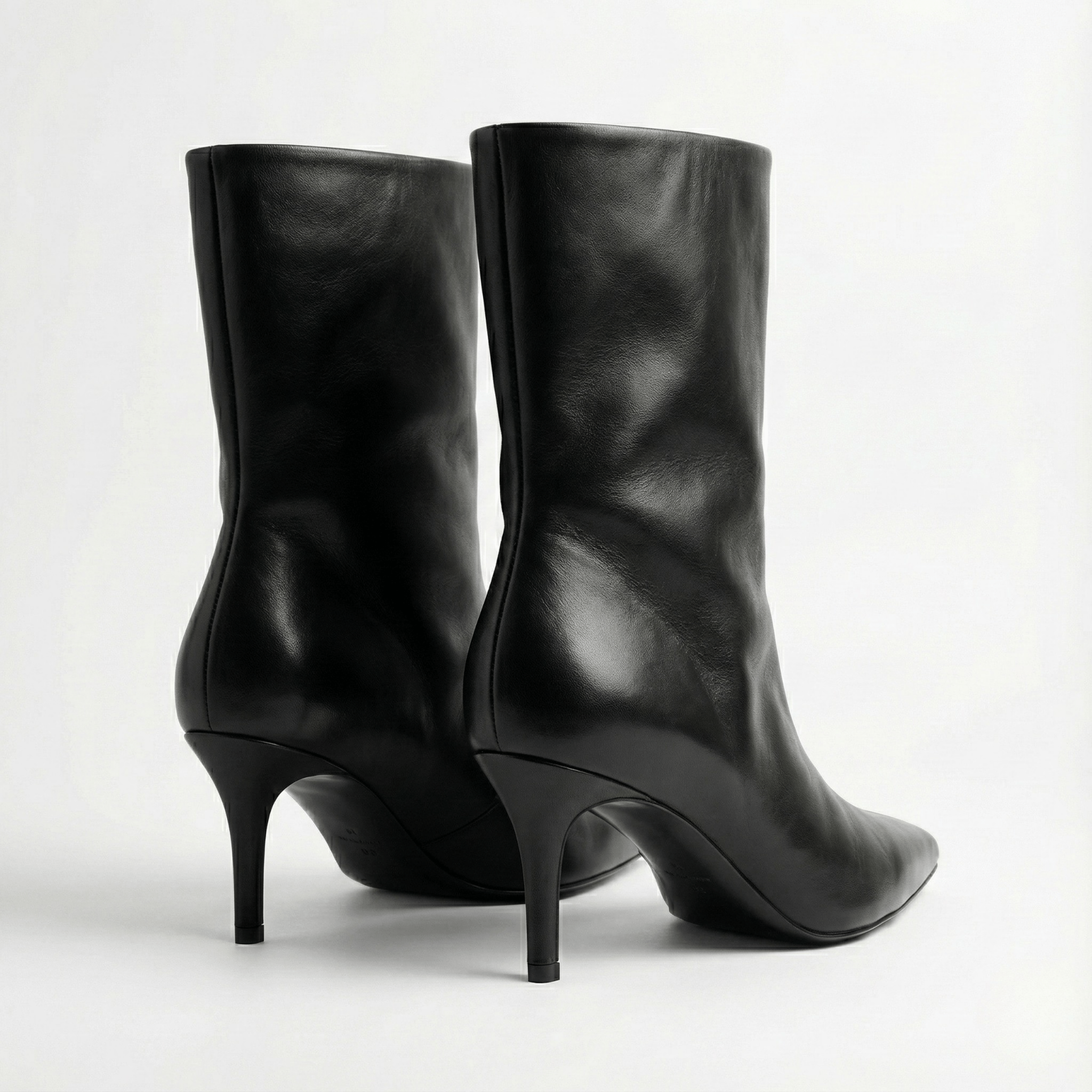 Black Leather Mid - Calf High Heel Boots - shopaleena