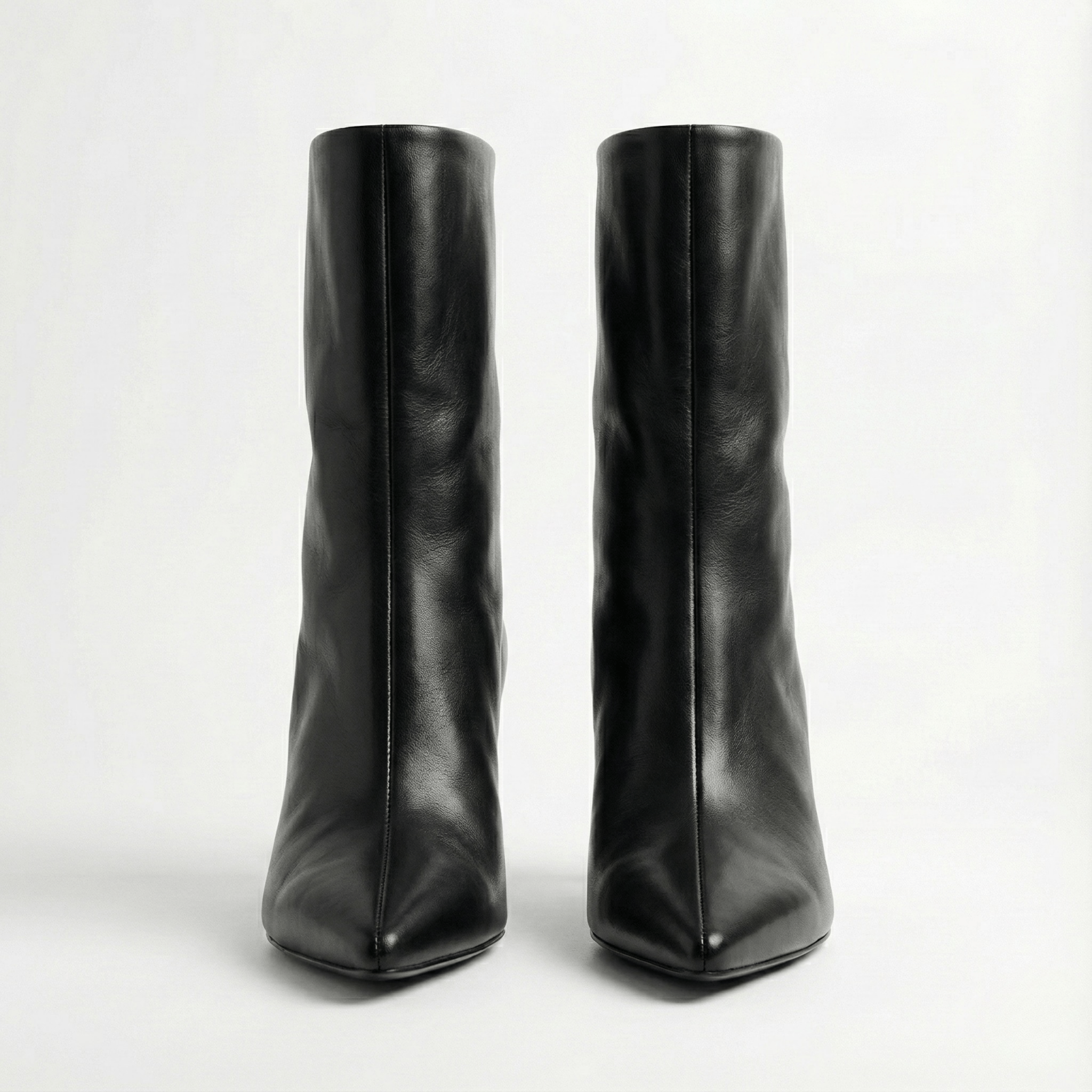 Black Leather Mid - Calf High Heel Boots - shopaleena