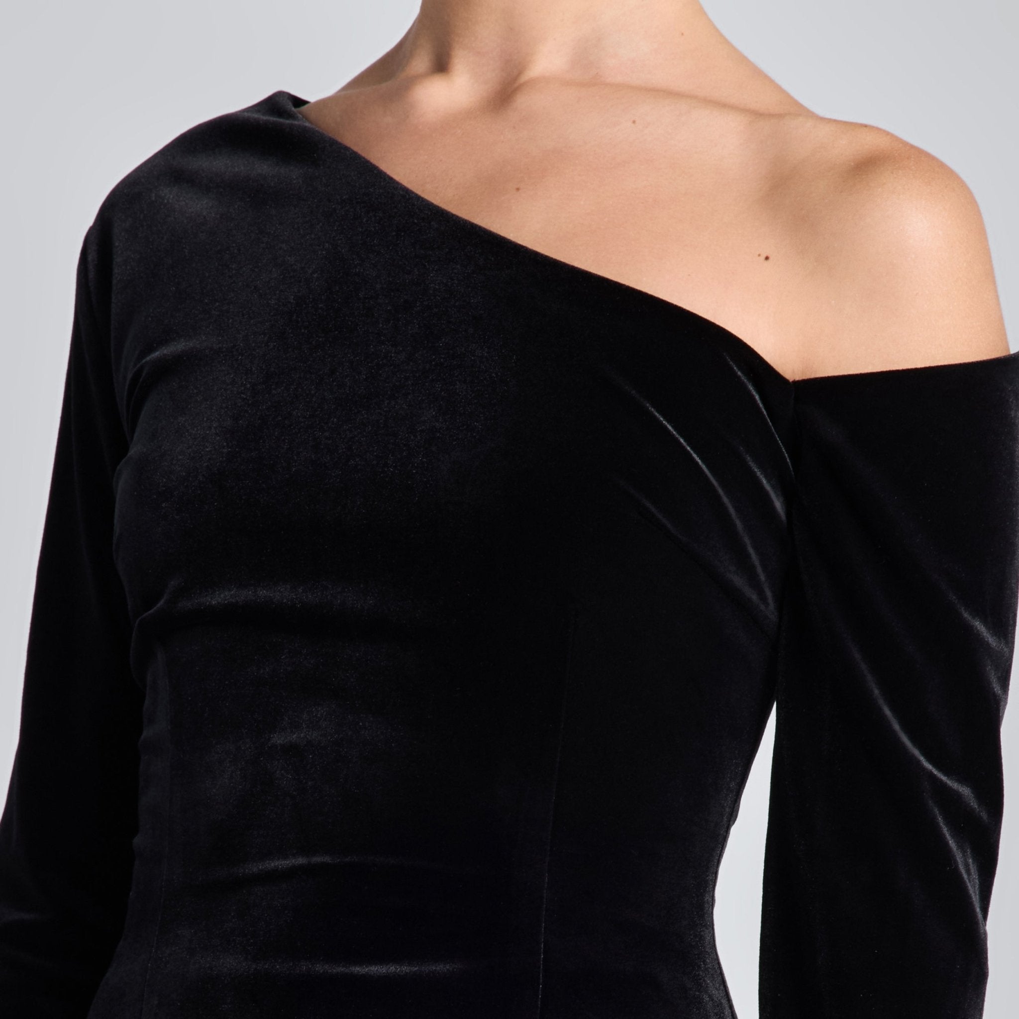 Black One - Shoulder Velvet - Chiffon Maxi Dress - shopaleena