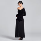 Black One - Shoulder Velvet - Chiffon Maxi Dress - shopaleena